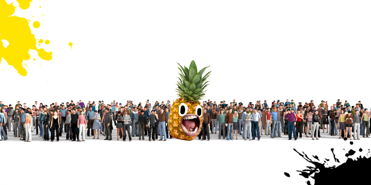 A crowd of people and a pineapple