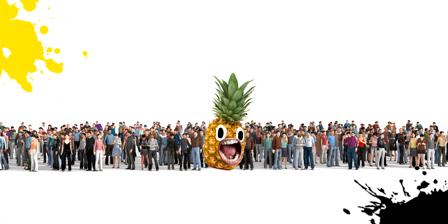 A crowd of people and a pineapple 
