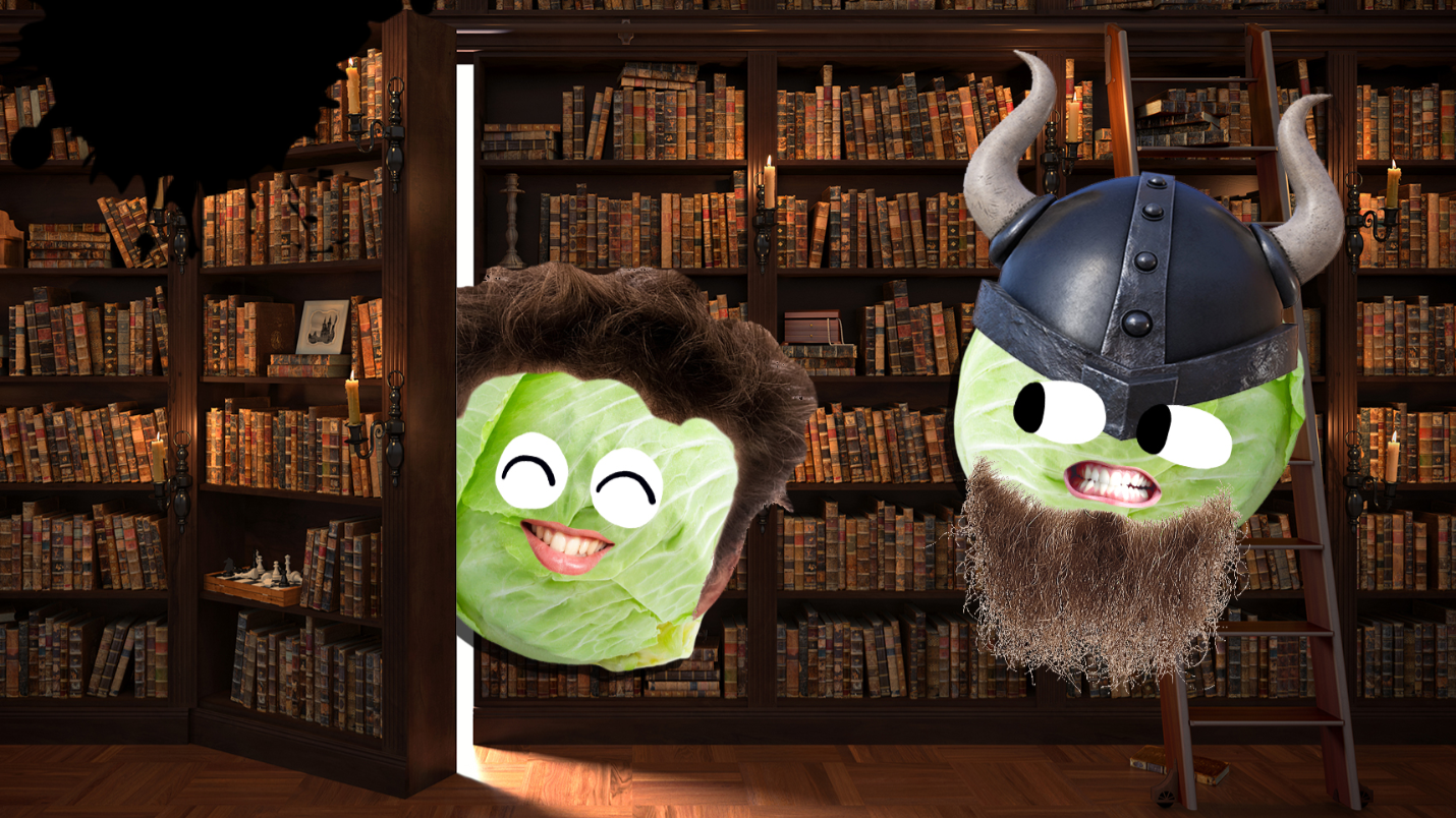Two Hobbit characters in a library
