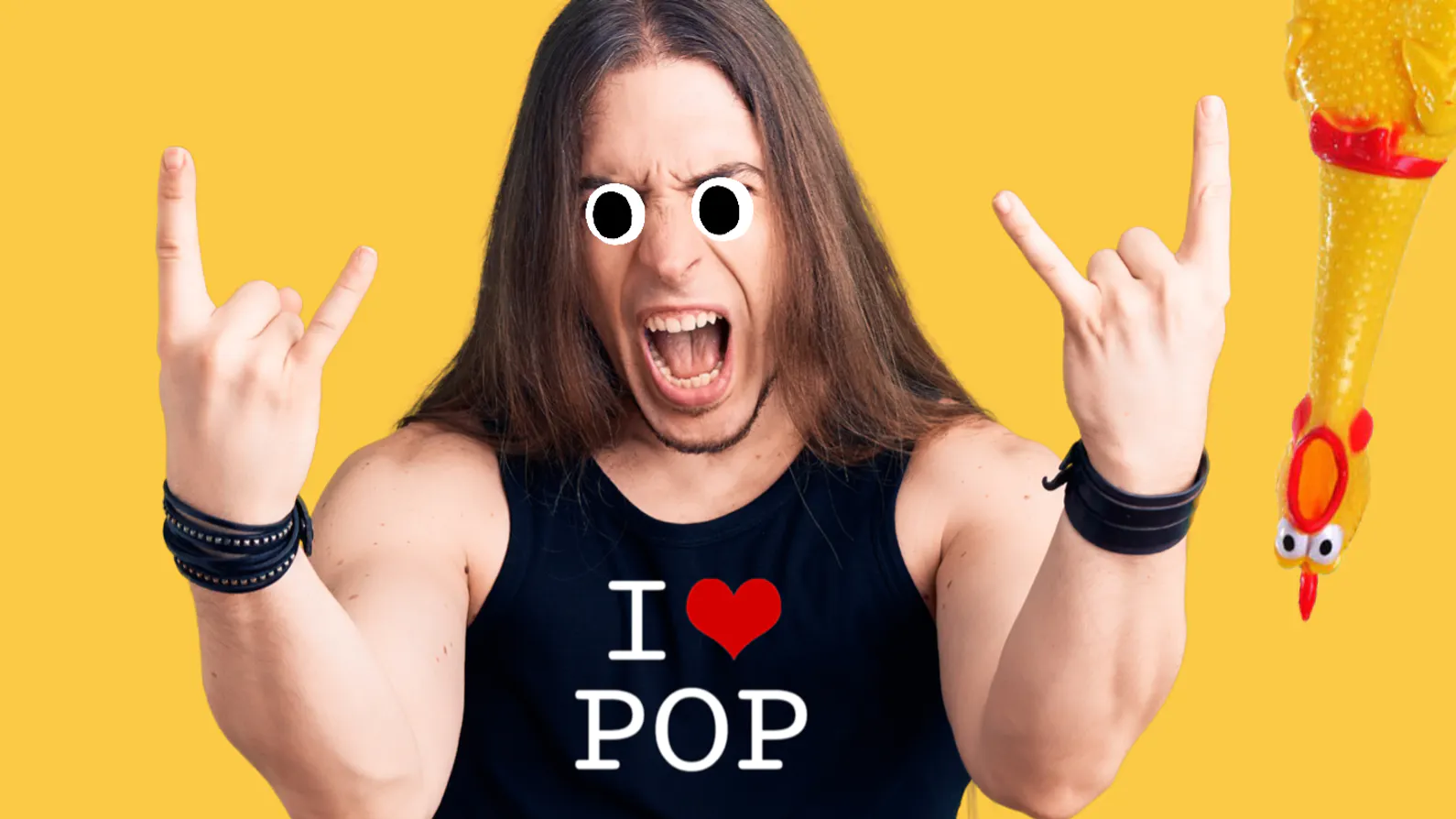 A long haired man wearing an I Heart Pop t-shirt