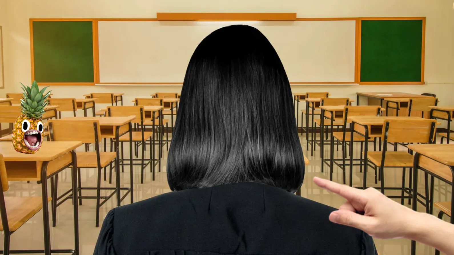 Severus Snape in an empty classroom, apart from a pineapple 