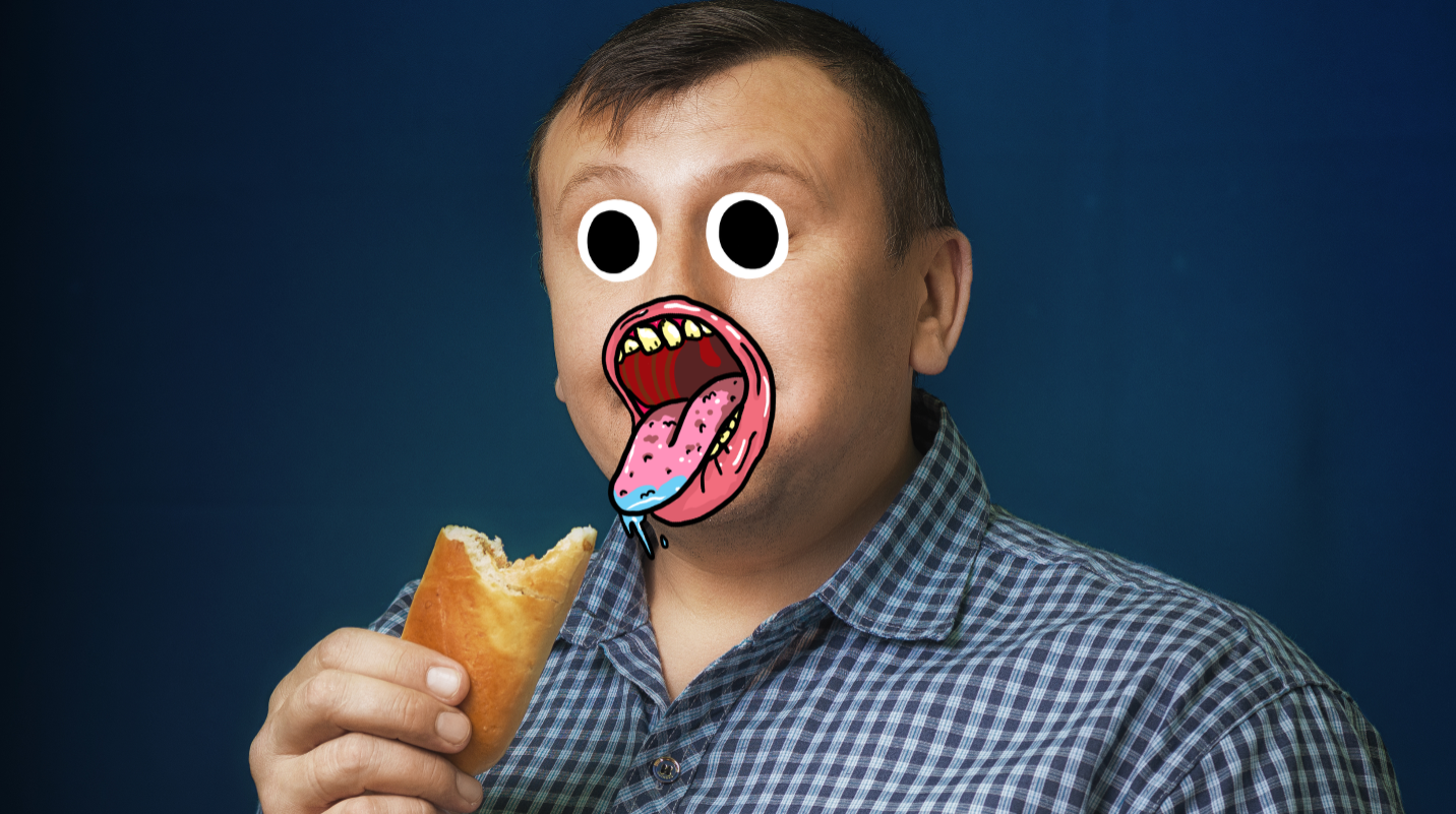 Man eating bread with comic book eyes and mouth