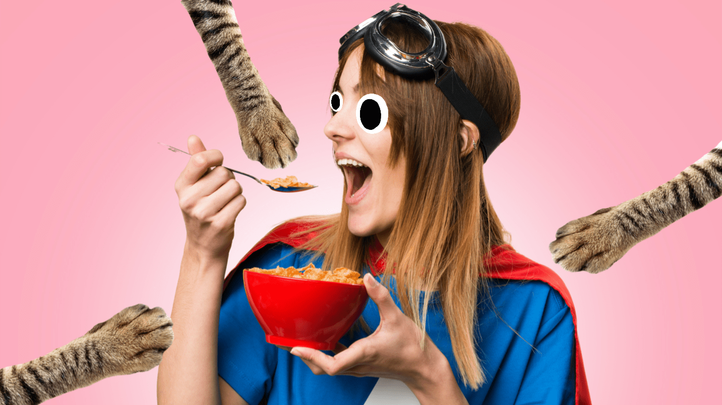 A superhero eating cereal among some peckish cats