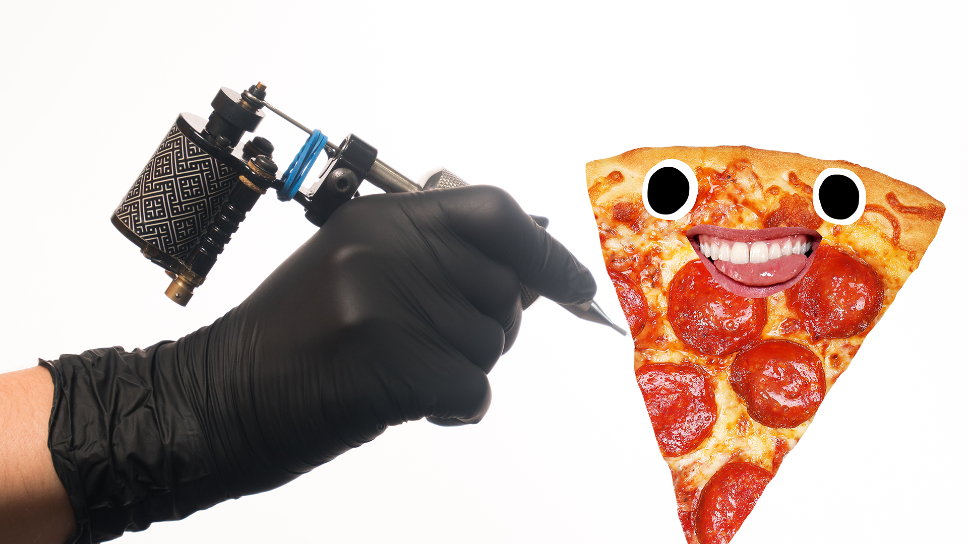Tattoo gun and screaming pizza