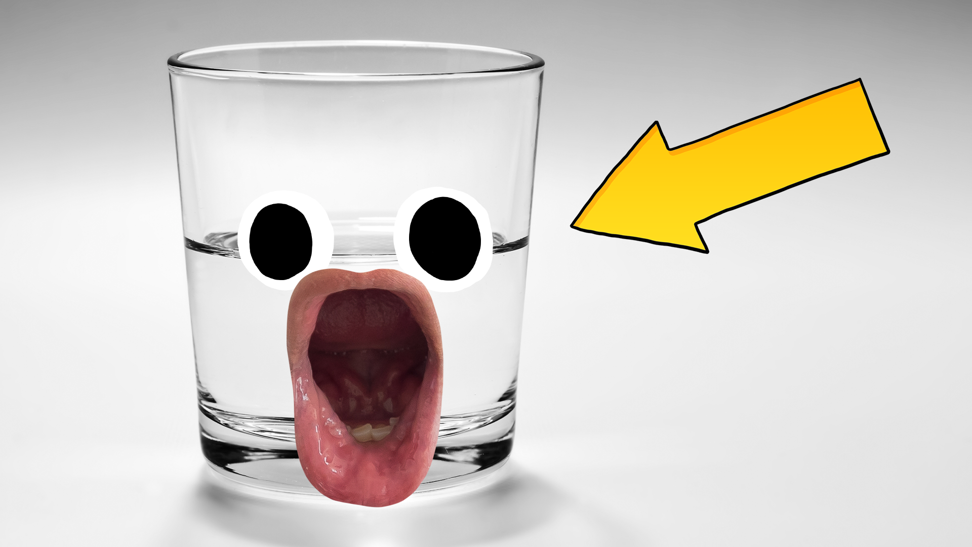 Half full glass with shocked face