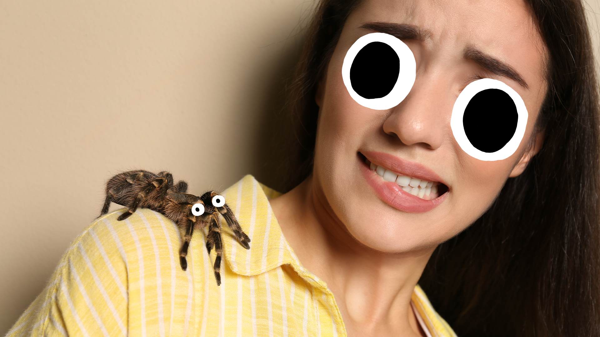 Woman with spider on her shoulder looking scared 