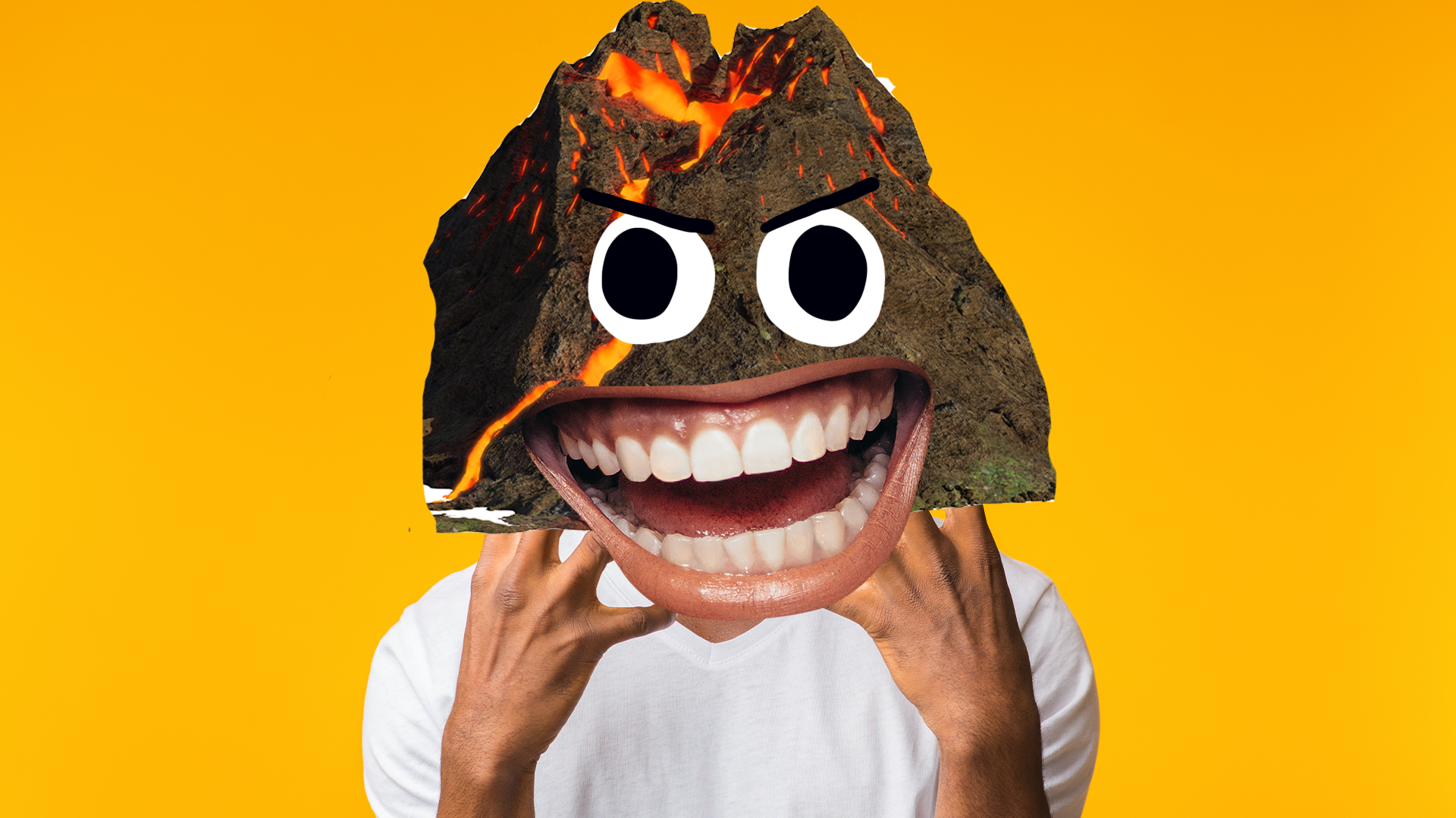 Man with a volcano head on yellow background 