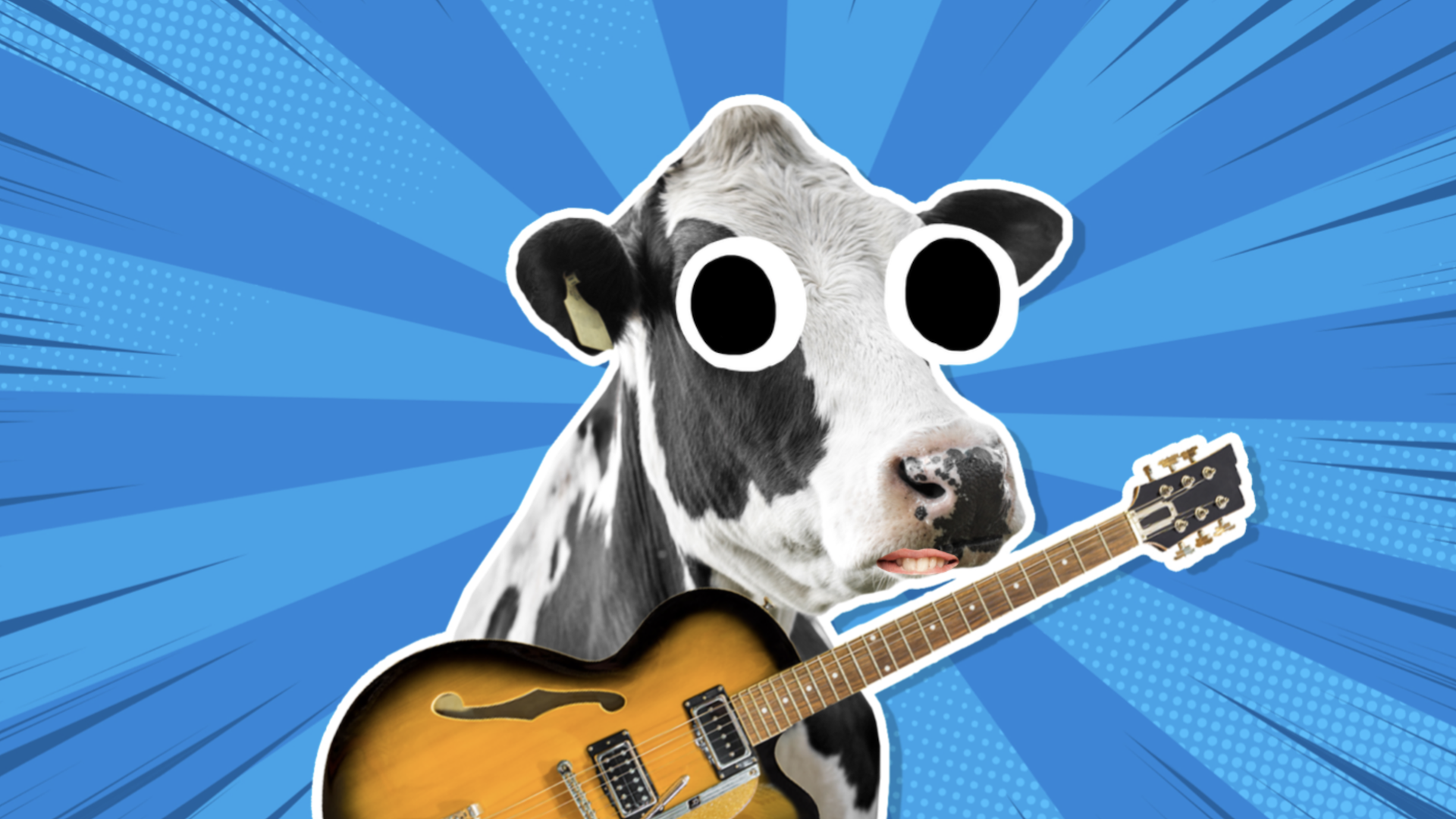 Black and white cow playing electric guitar
