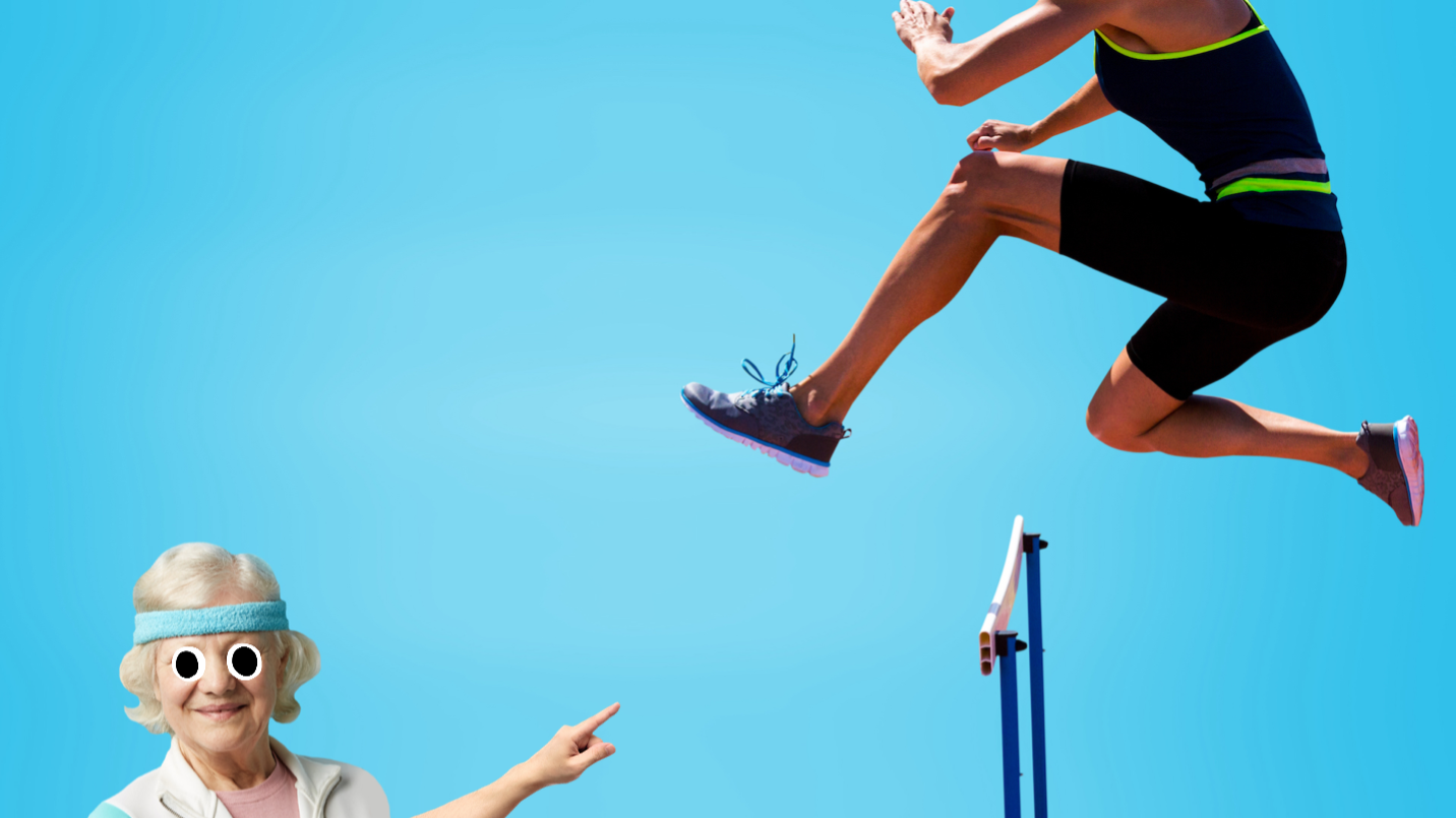 A sports teacher points at an athlete jumping over a hurdle