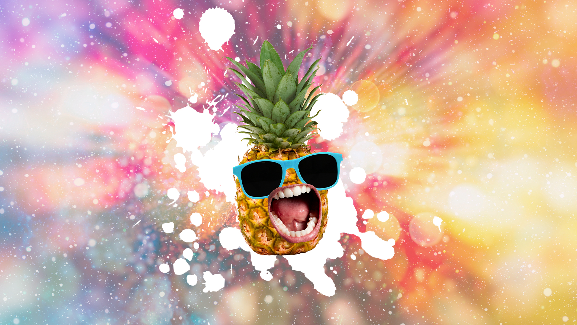 A laughing pineapple wearing sunglasses