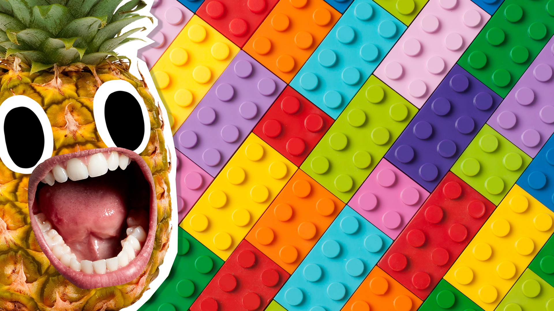 A pineapple screaming at a grid made of Lego