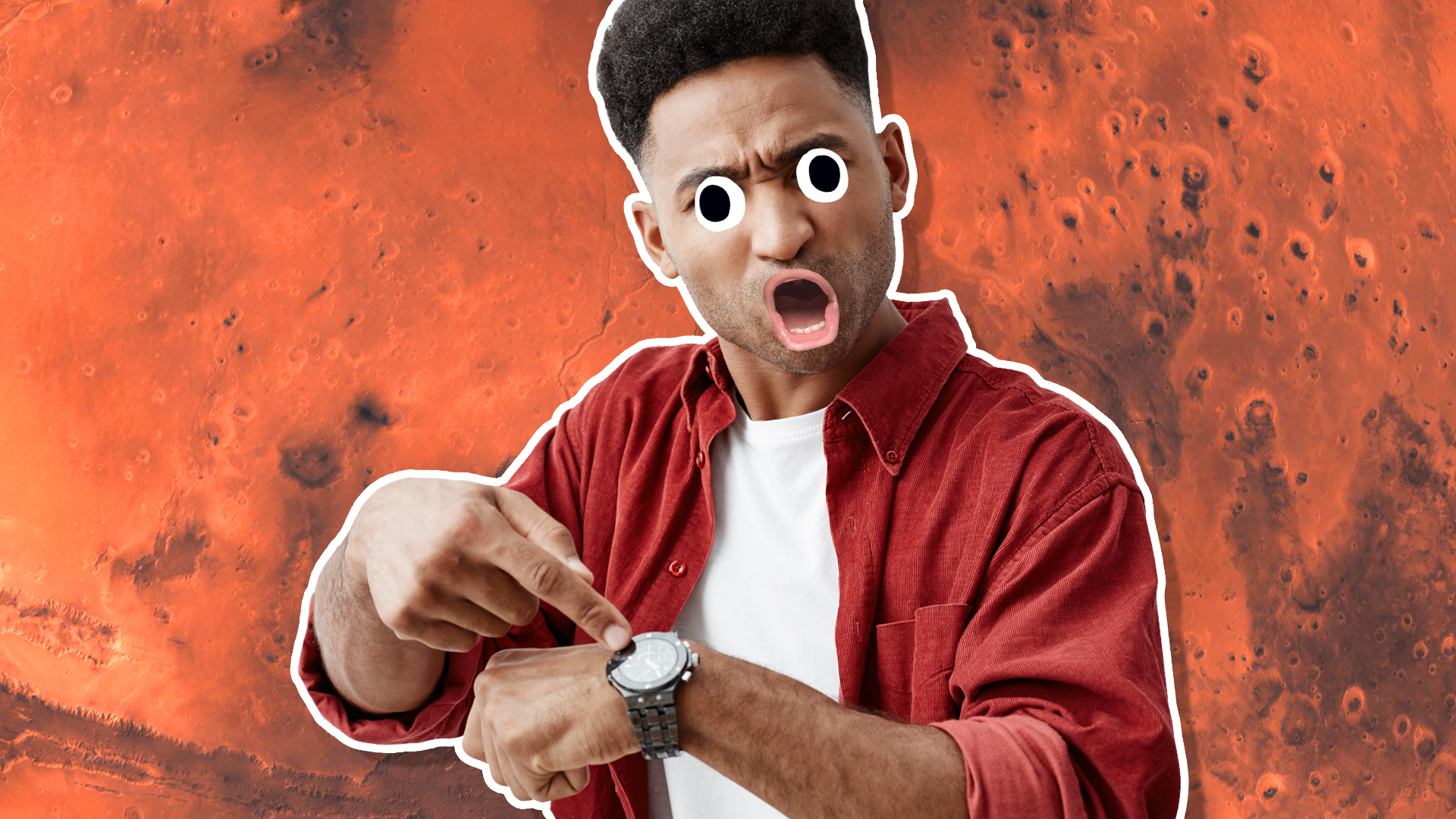 A man pointing to his watch with Mars in the background