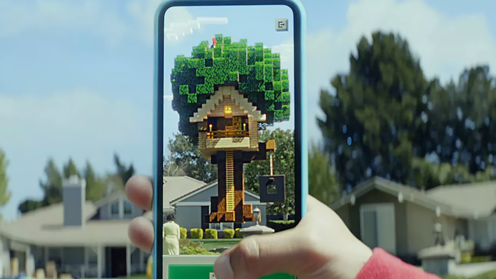 Minecraft Earth treehouse on smartphone