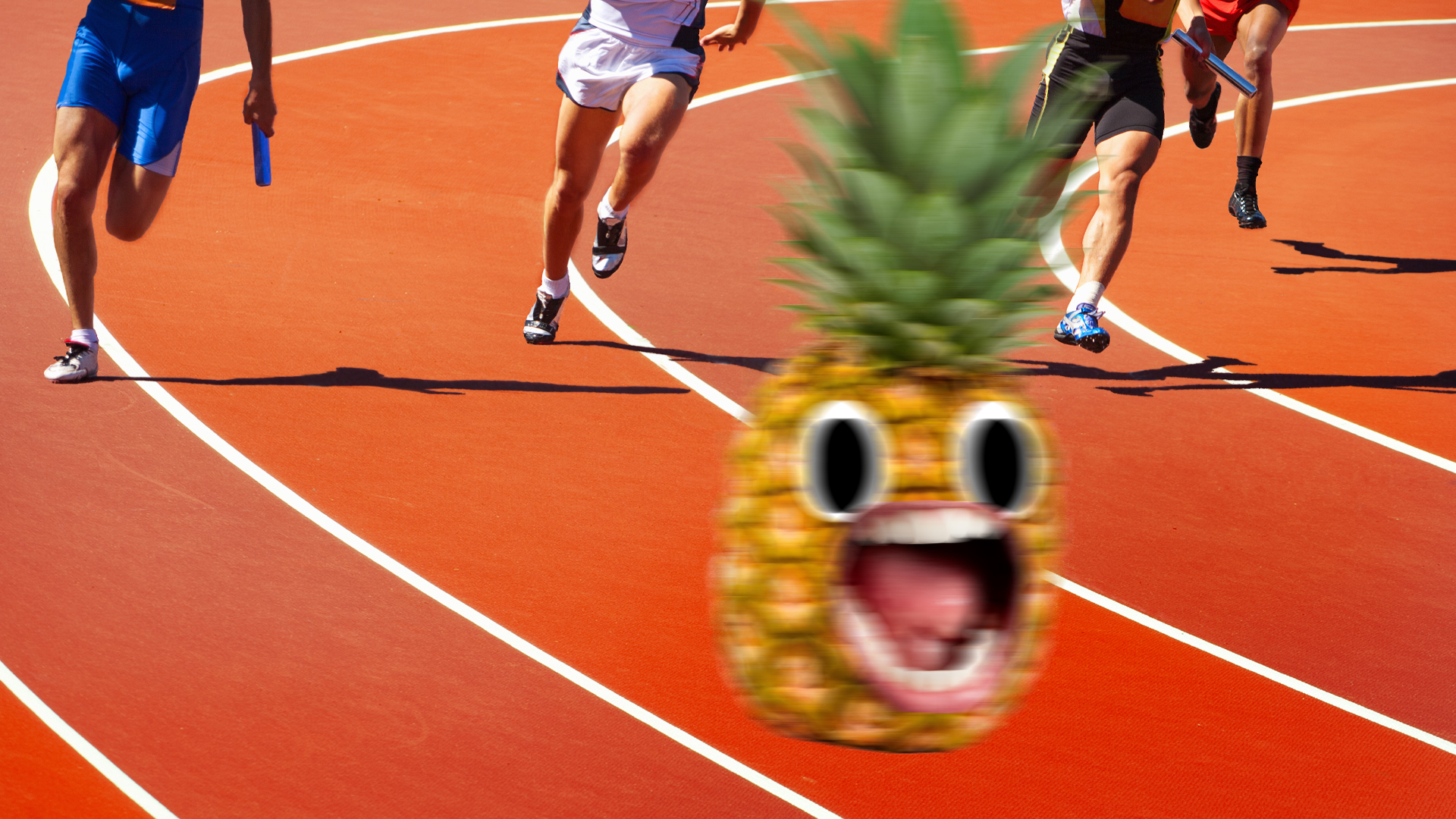 A pineapple being chased by several athletes