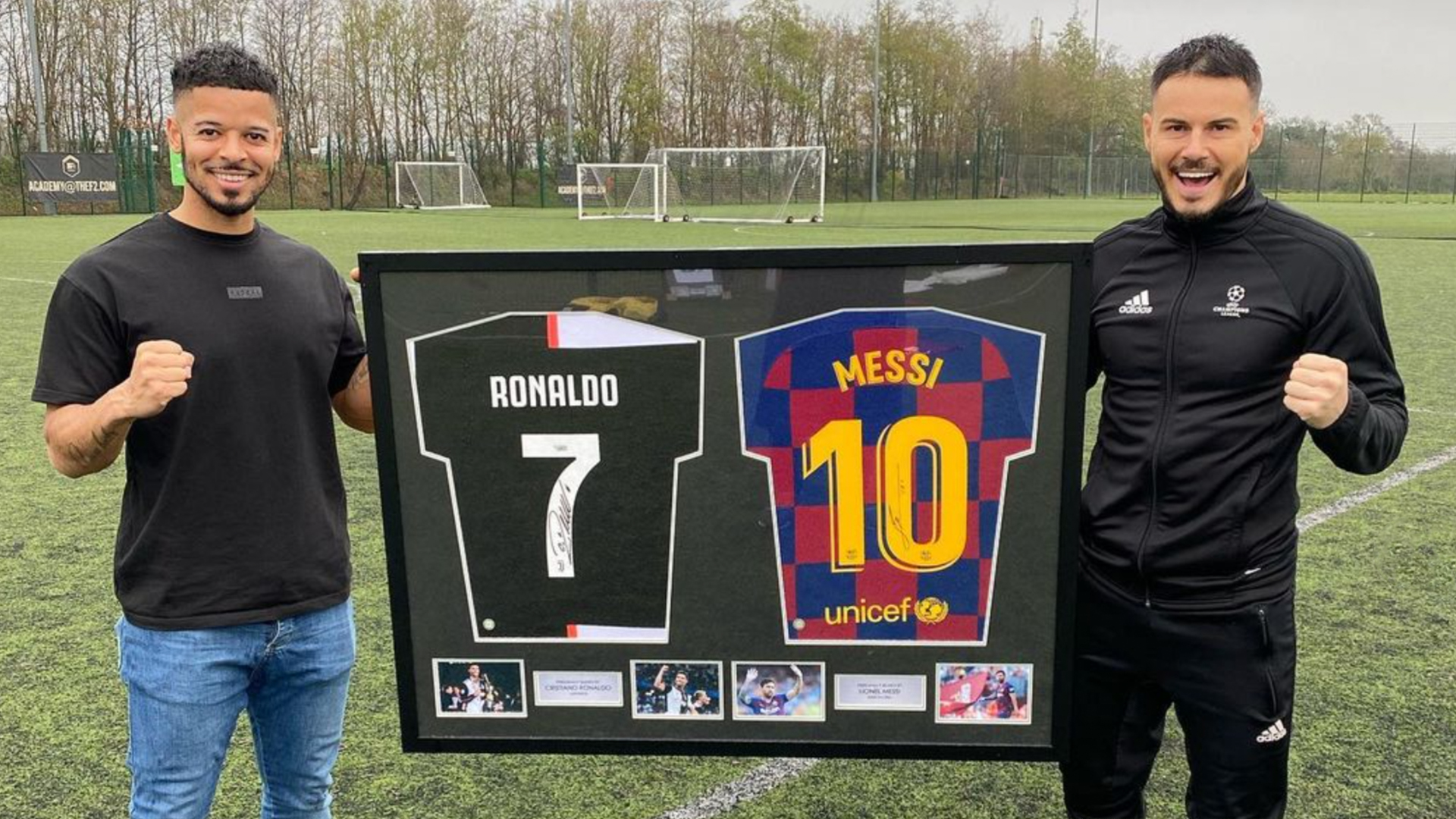 The F2 Freestylers with signed Ronaldo and Messi shirts