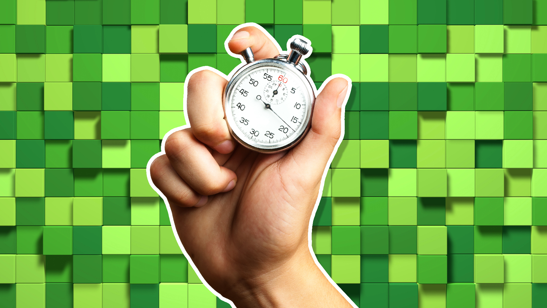 A stopwatch against a Minecraft-style background