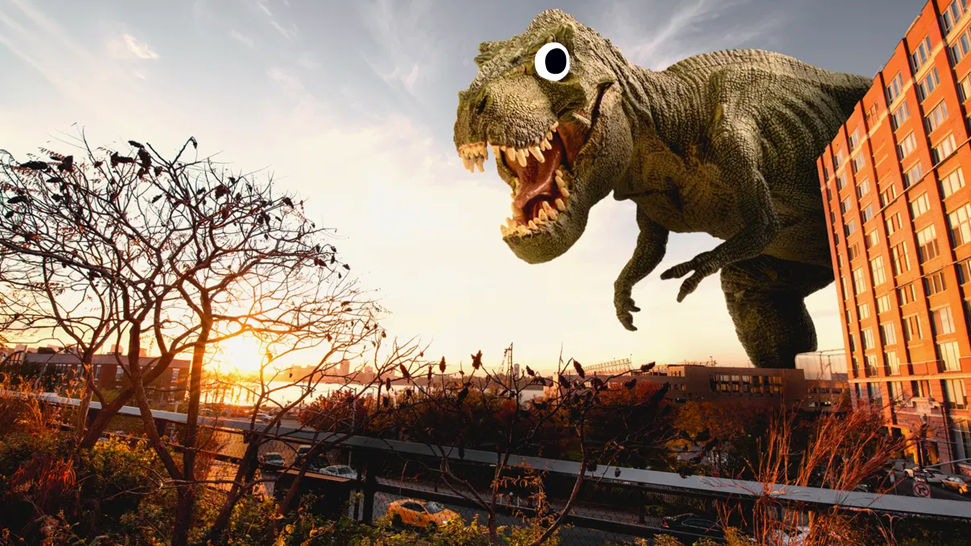 T-rex looms over a town
