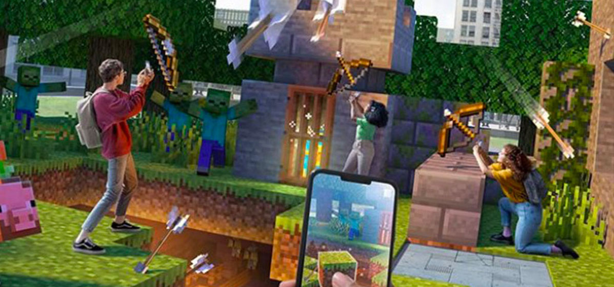 Kids firing arrows at Minecraft Earth characters