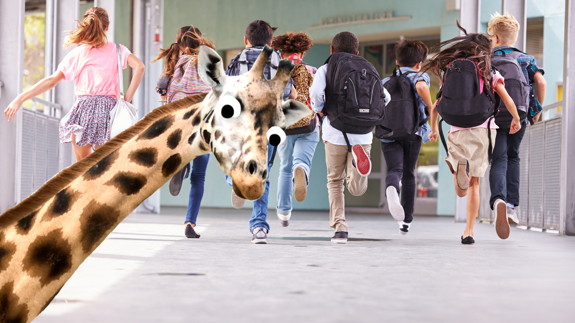 School children and surprised giraffe