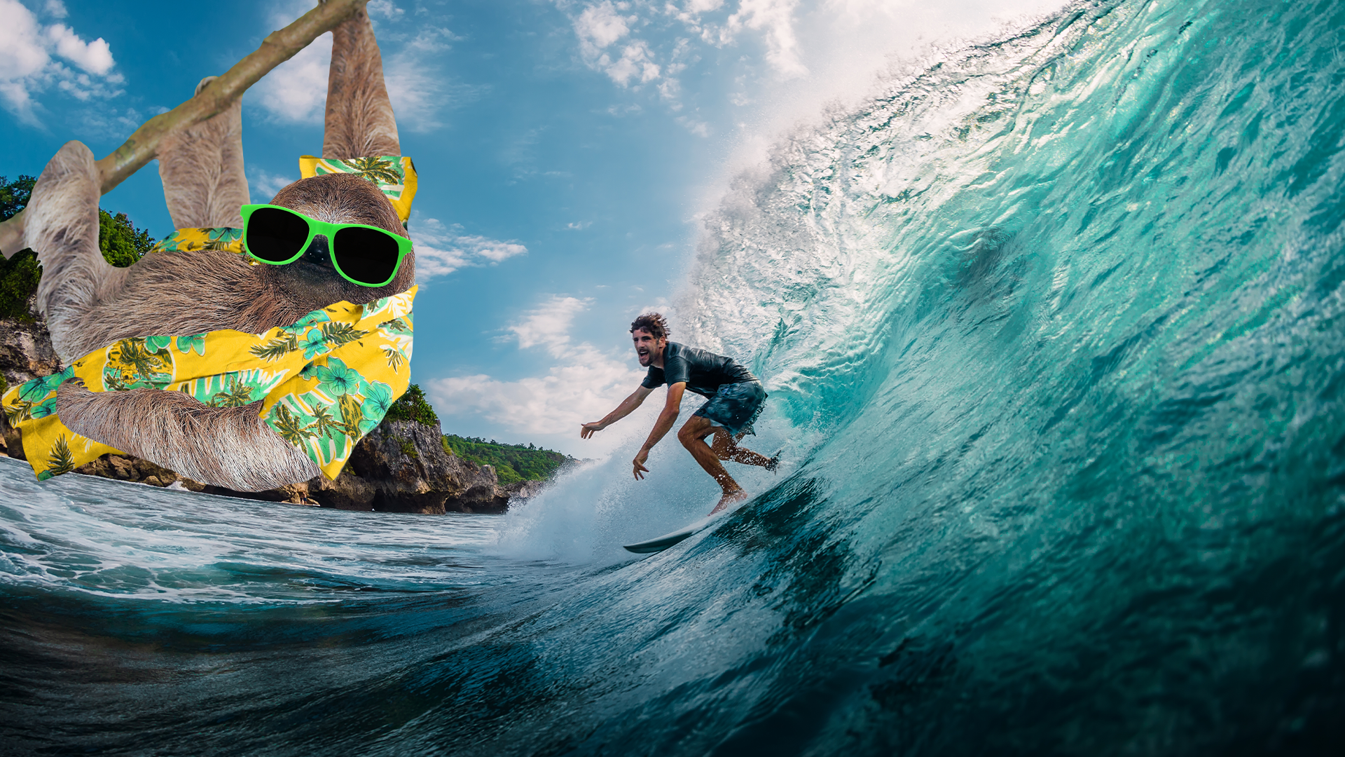 Surfer with holiday sloth