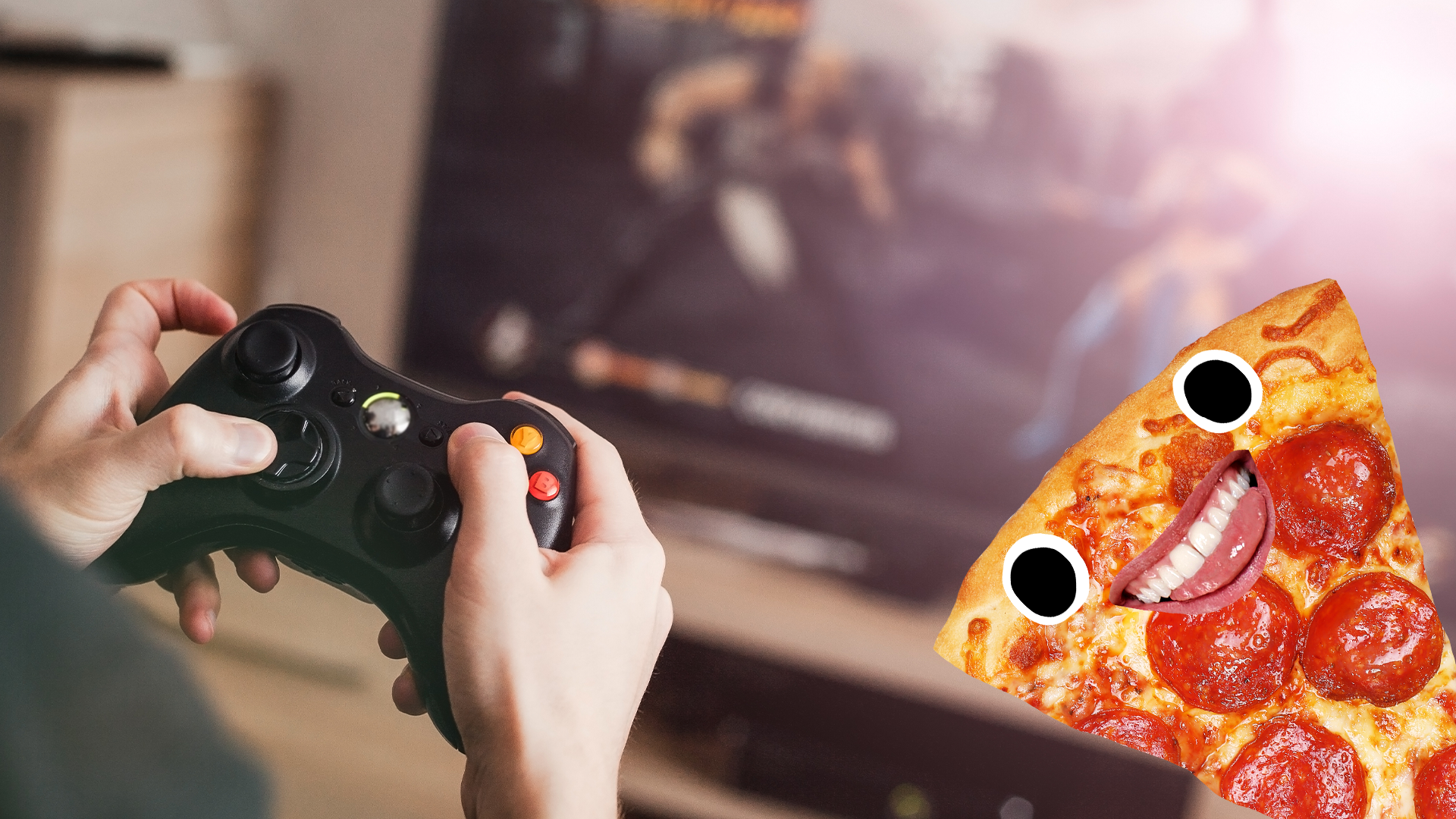 Hands gaming with smiling pizza slice