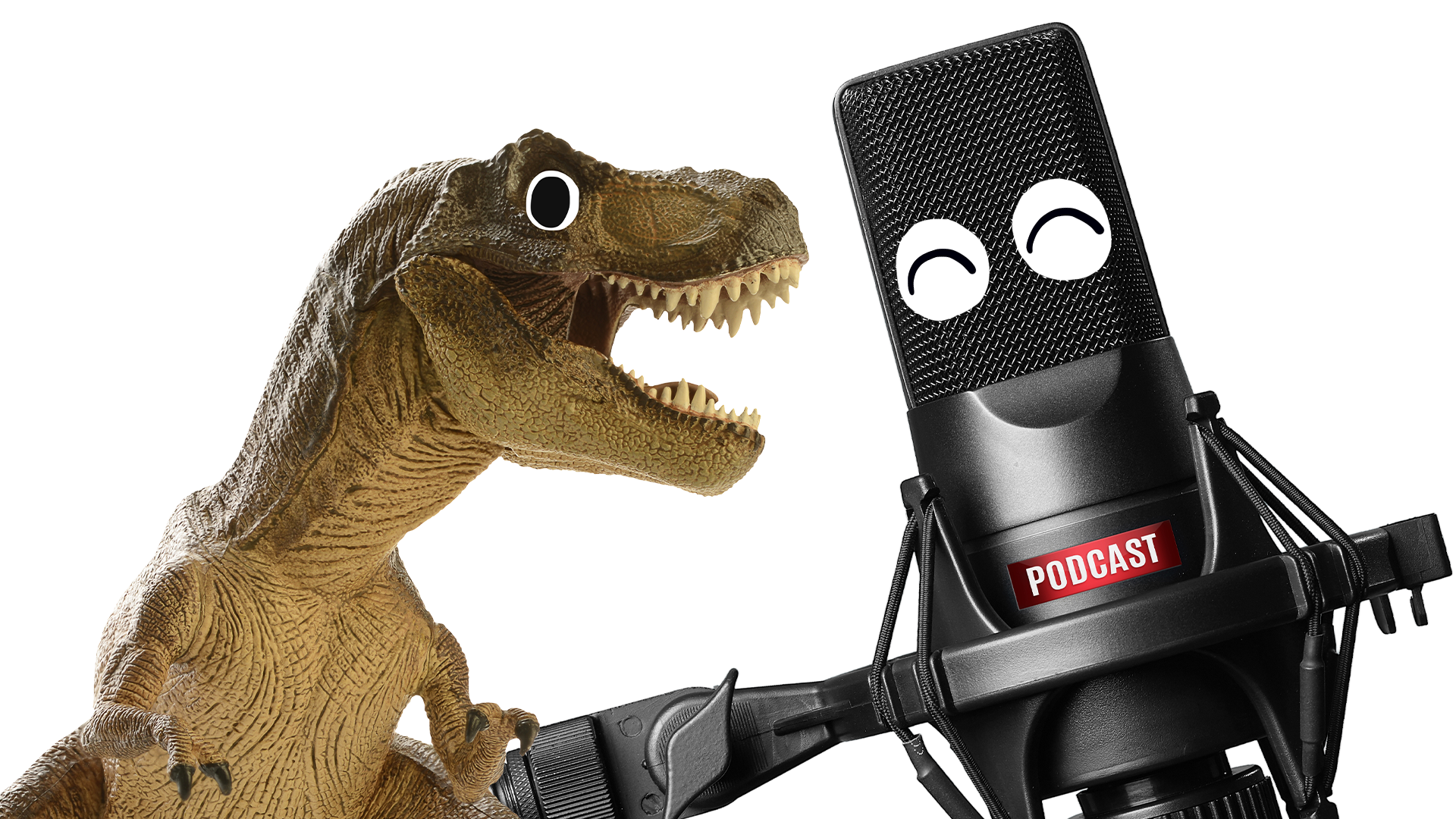 Dinosaur and microphone with smiley face on white background