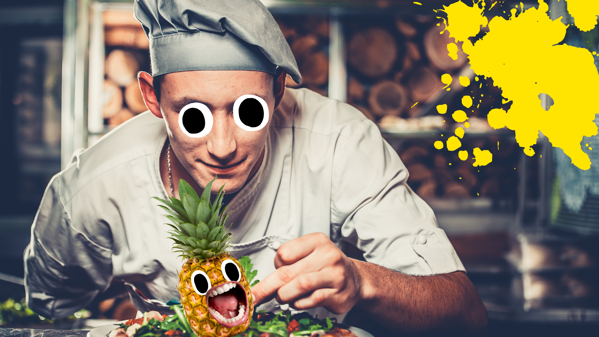 Chef cooking with screaming pineapple
