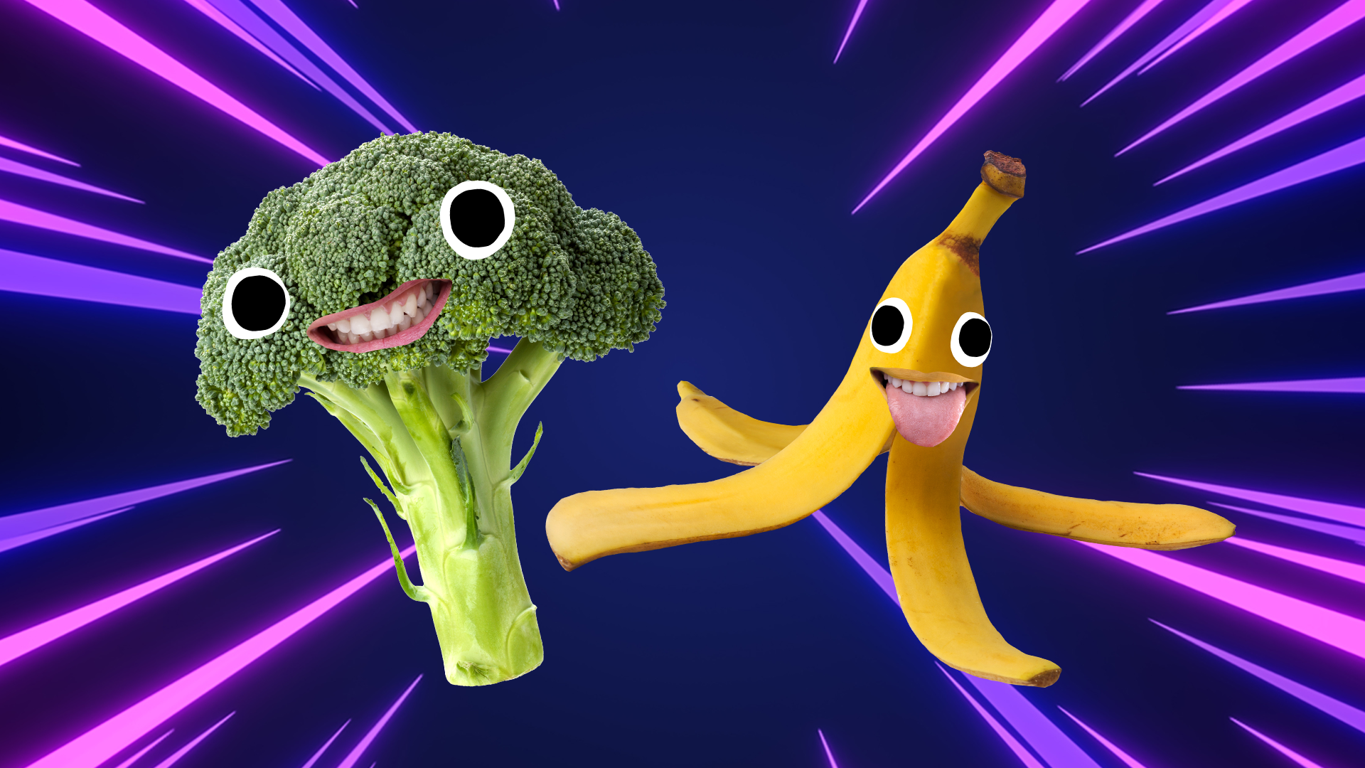 Smiling broccoli and banana on laser background