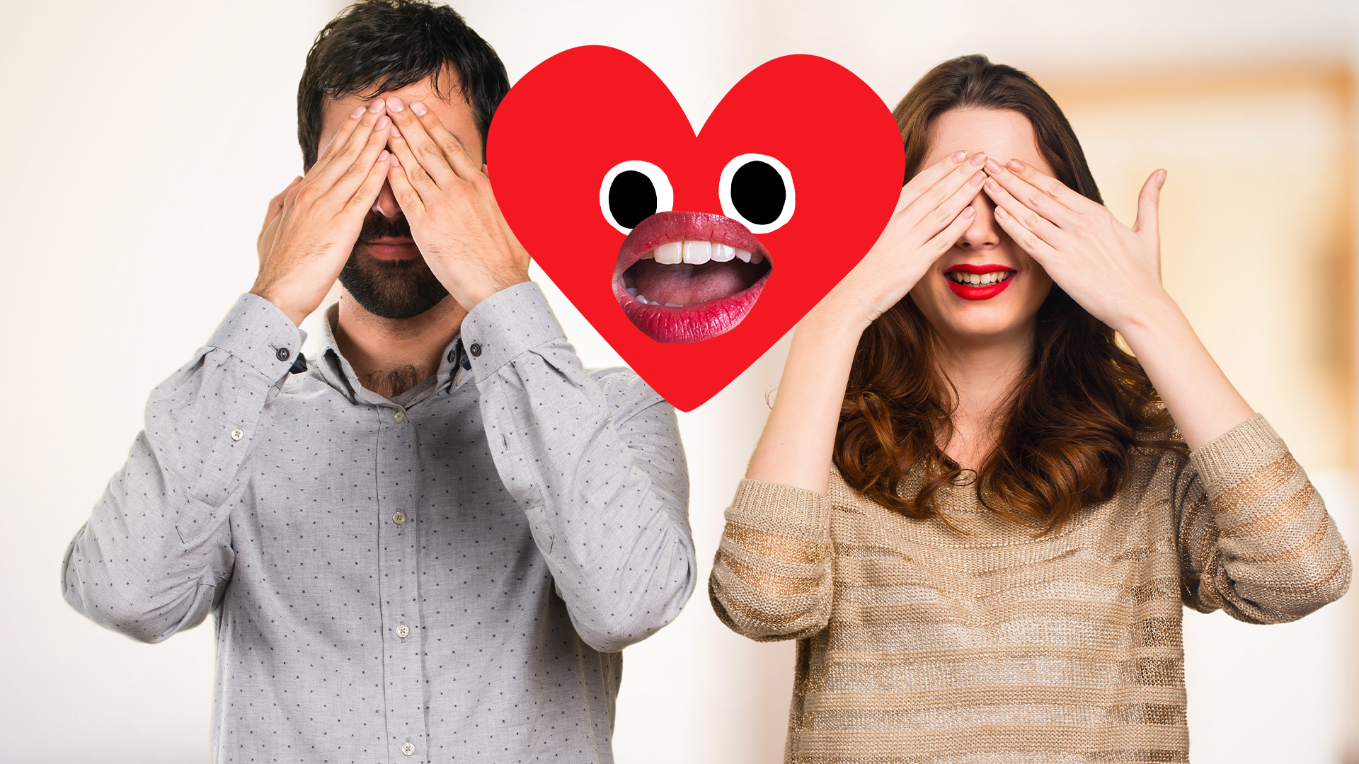 Man and woman with hands over their eyes and a smiling heart