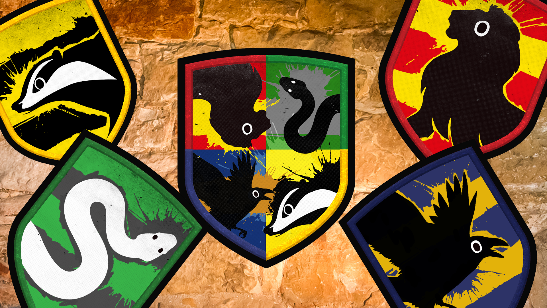 Harry Potter house crests on stone background 