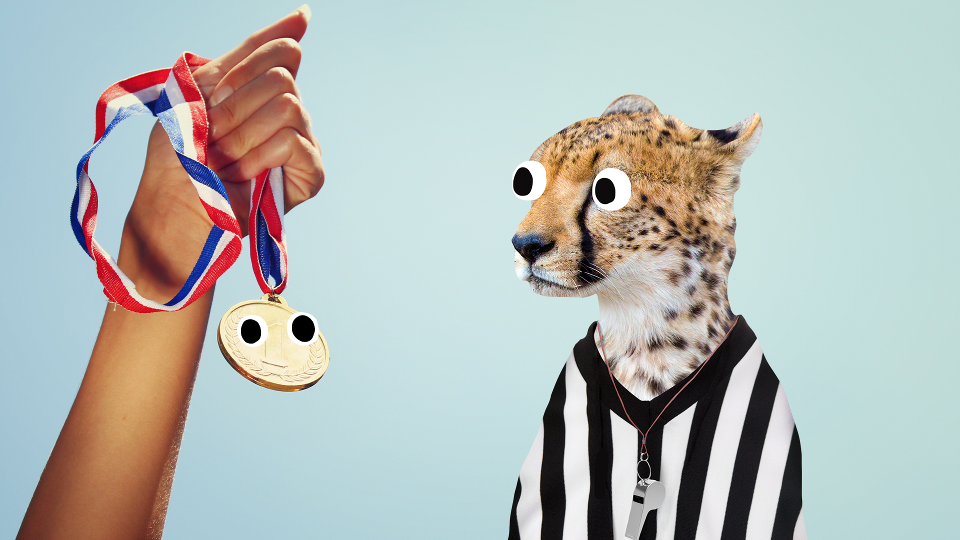 Referee cheetah looking at hand holding medal