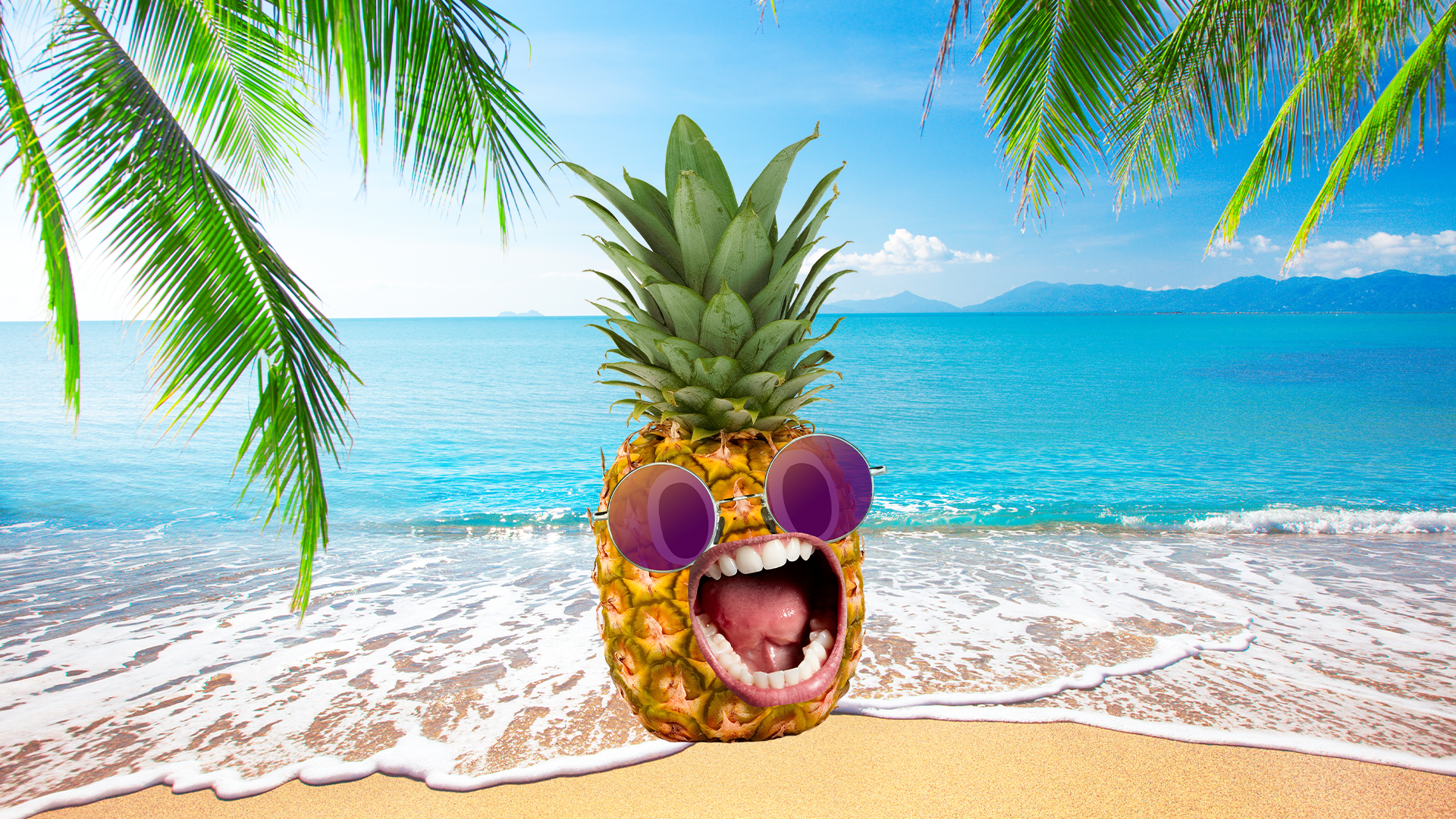 Screaming pineapple on a tropical beach