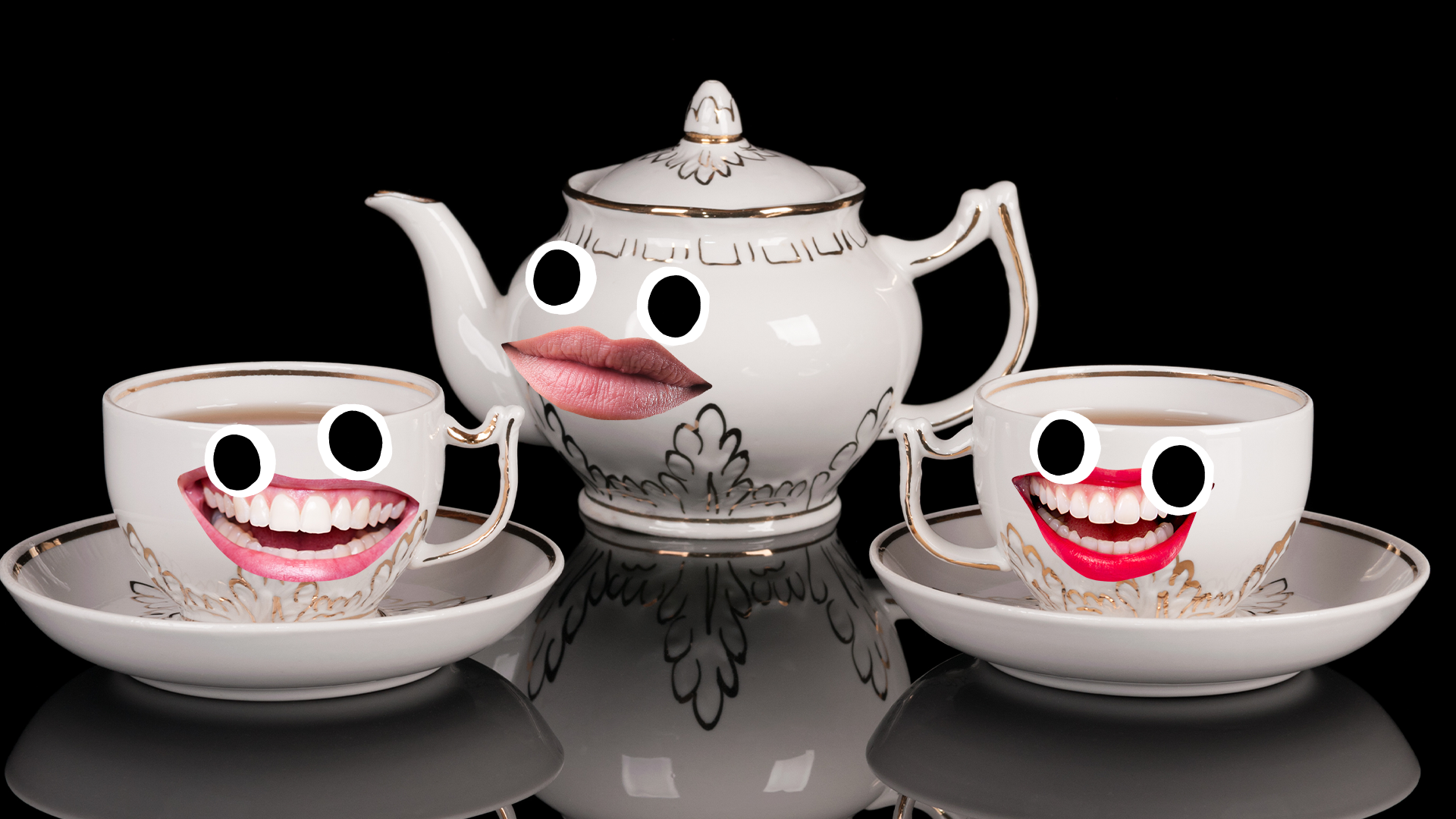 Teapot and teacups with goofy faces