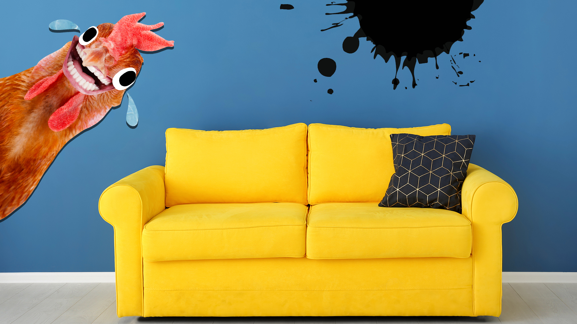 A chicken laughs at a brightly-coloured sofa