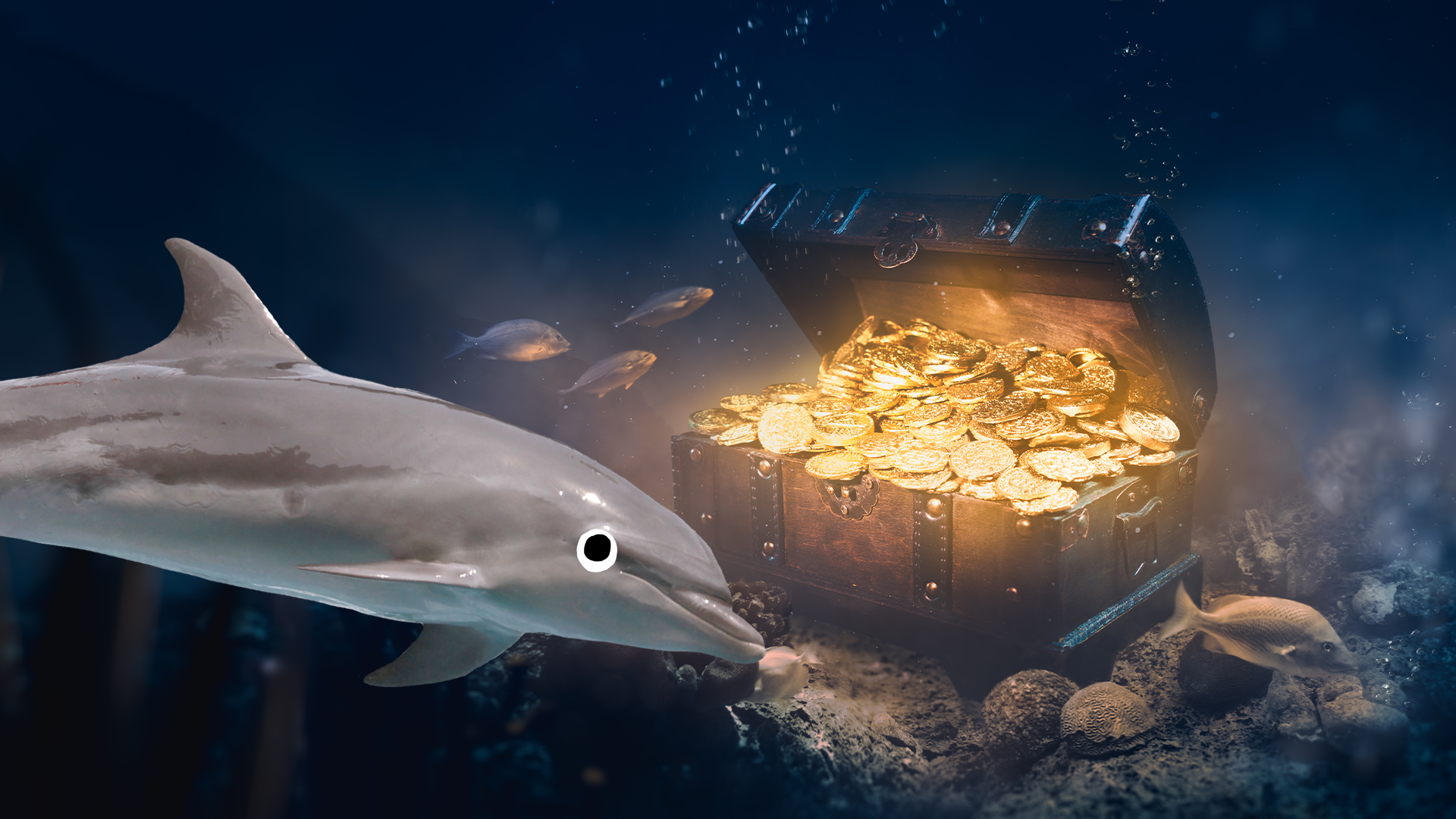 Dolphin and underwater treasure chest