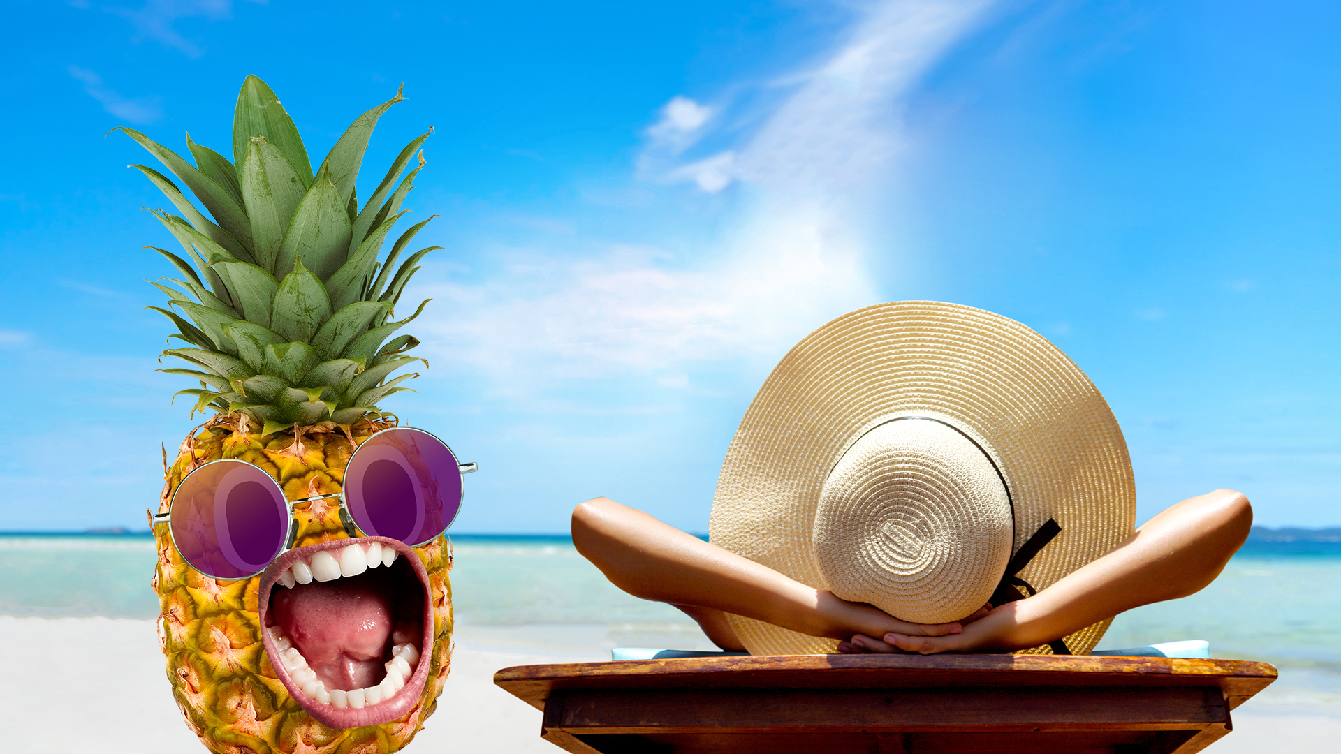 Screaming pineapple and sunbathing woman on beach
