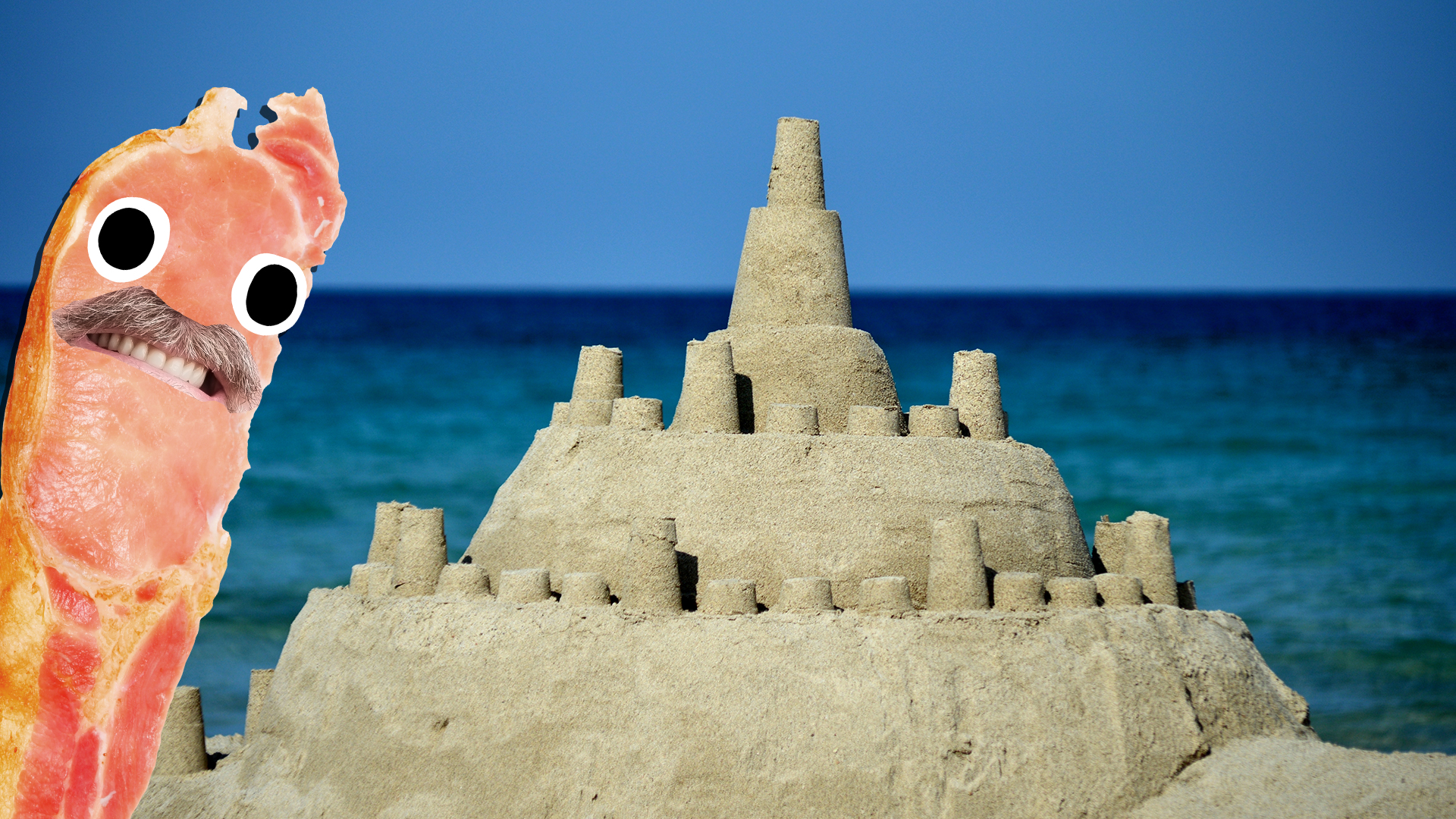 Bacon Dad looks at a sandcastle