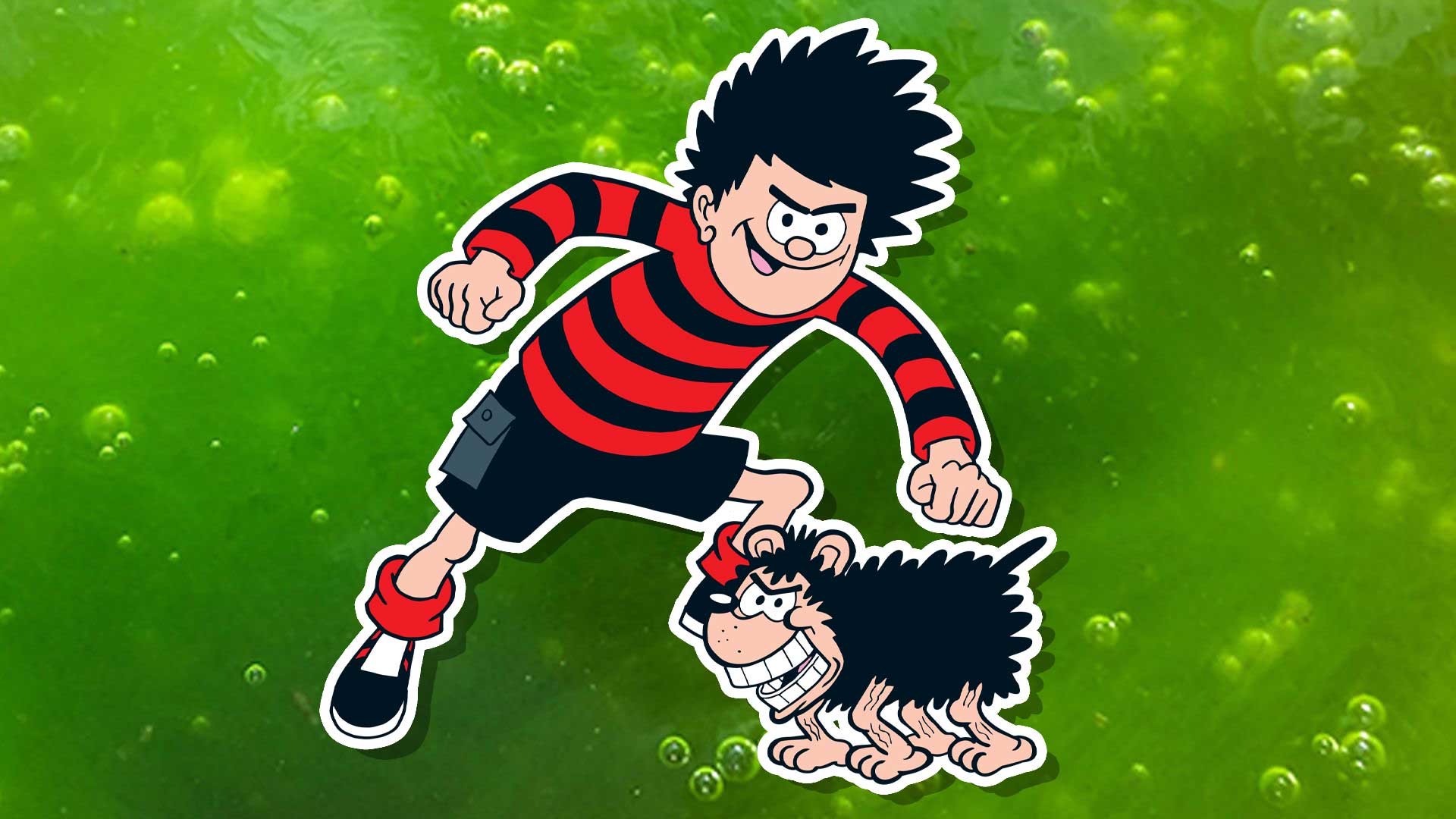 Dennis and Gnasher on a slime background