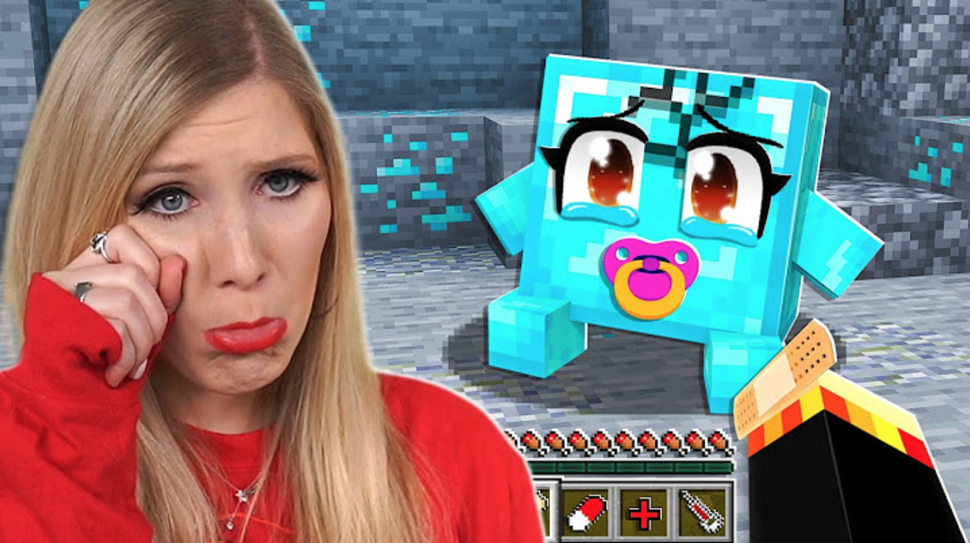 Brianna pretending to weep in front of Minecraft characters