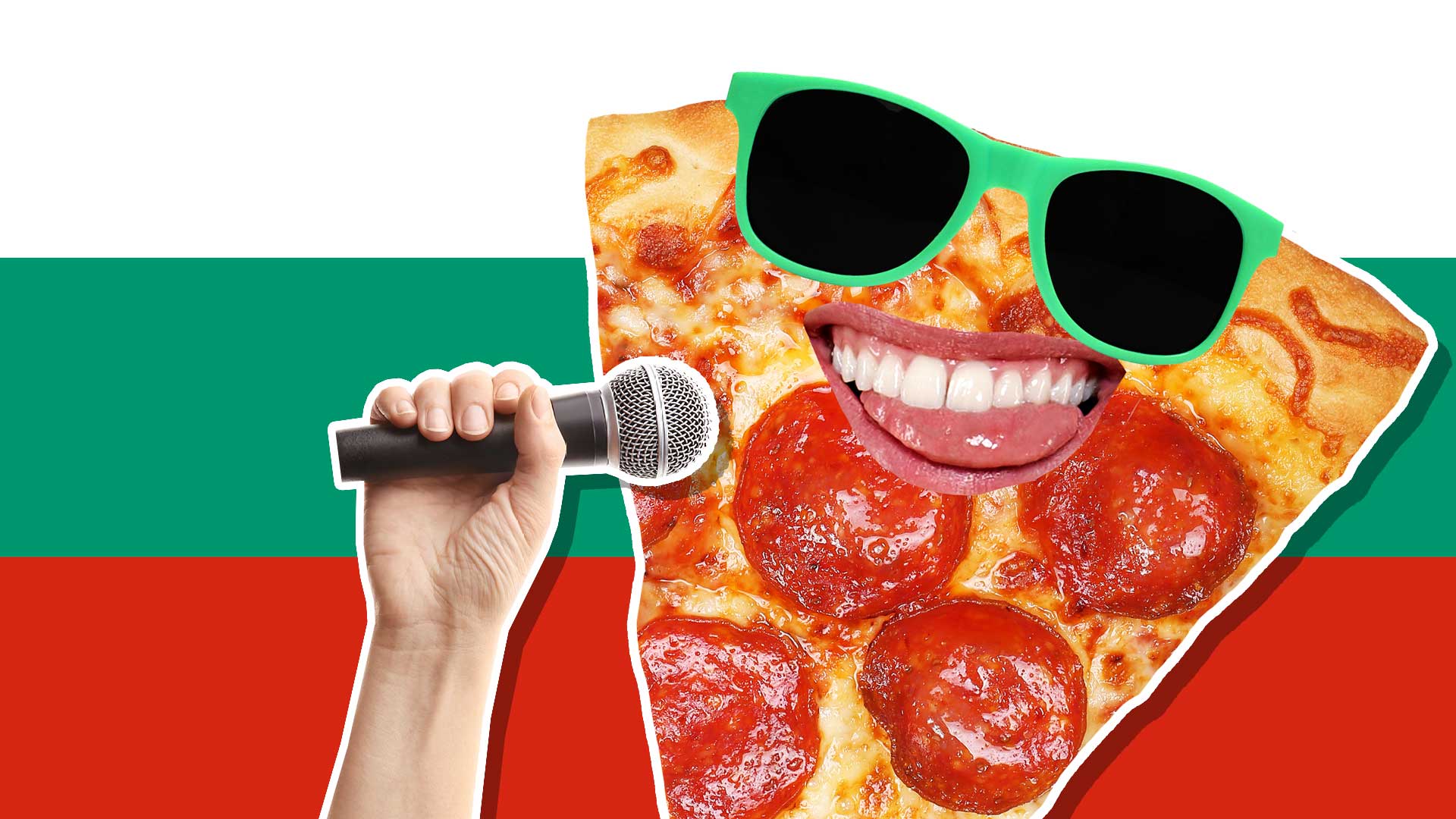 A pizza slice and a Bulgarian flag