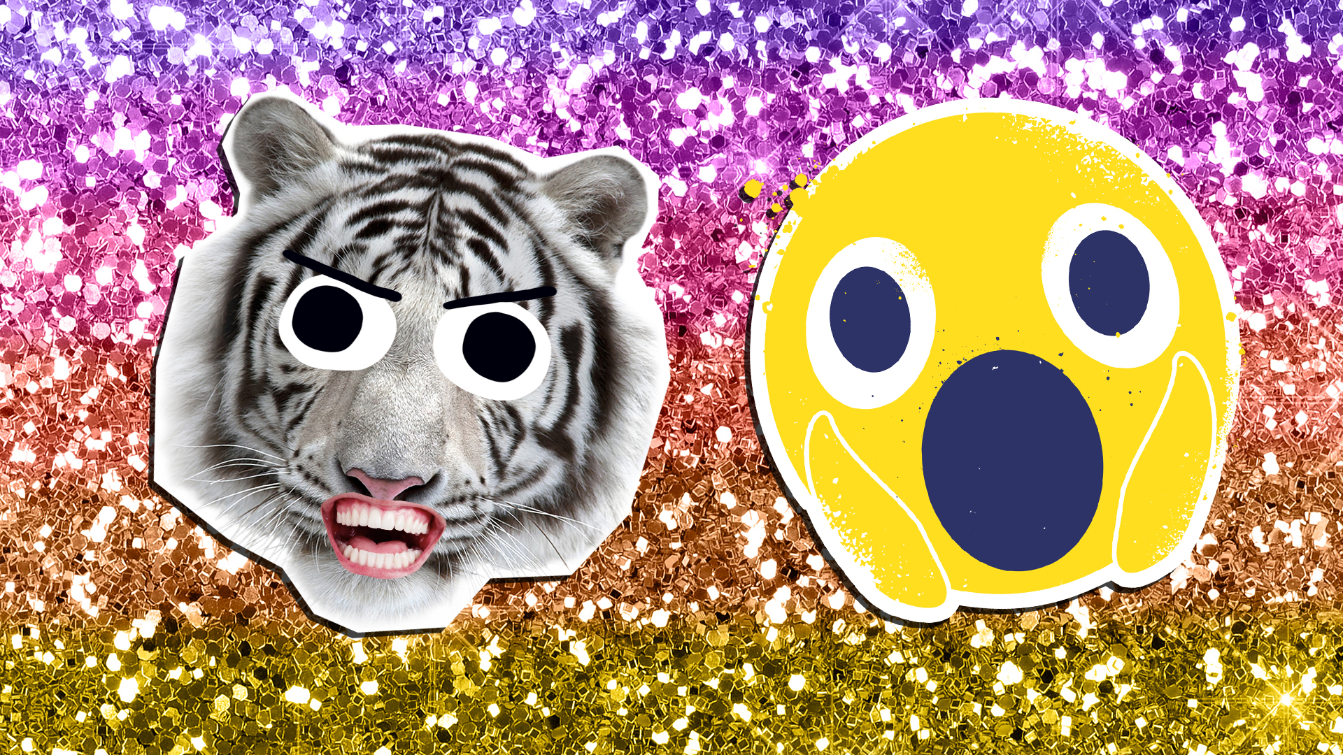  A grinning white tiger and a shocked emoji face