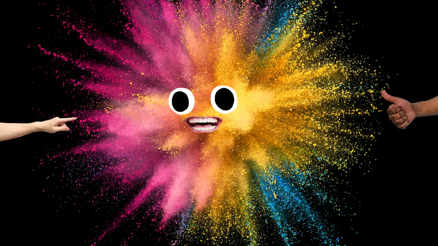 Burst of different coloured paints with eyes and mouth