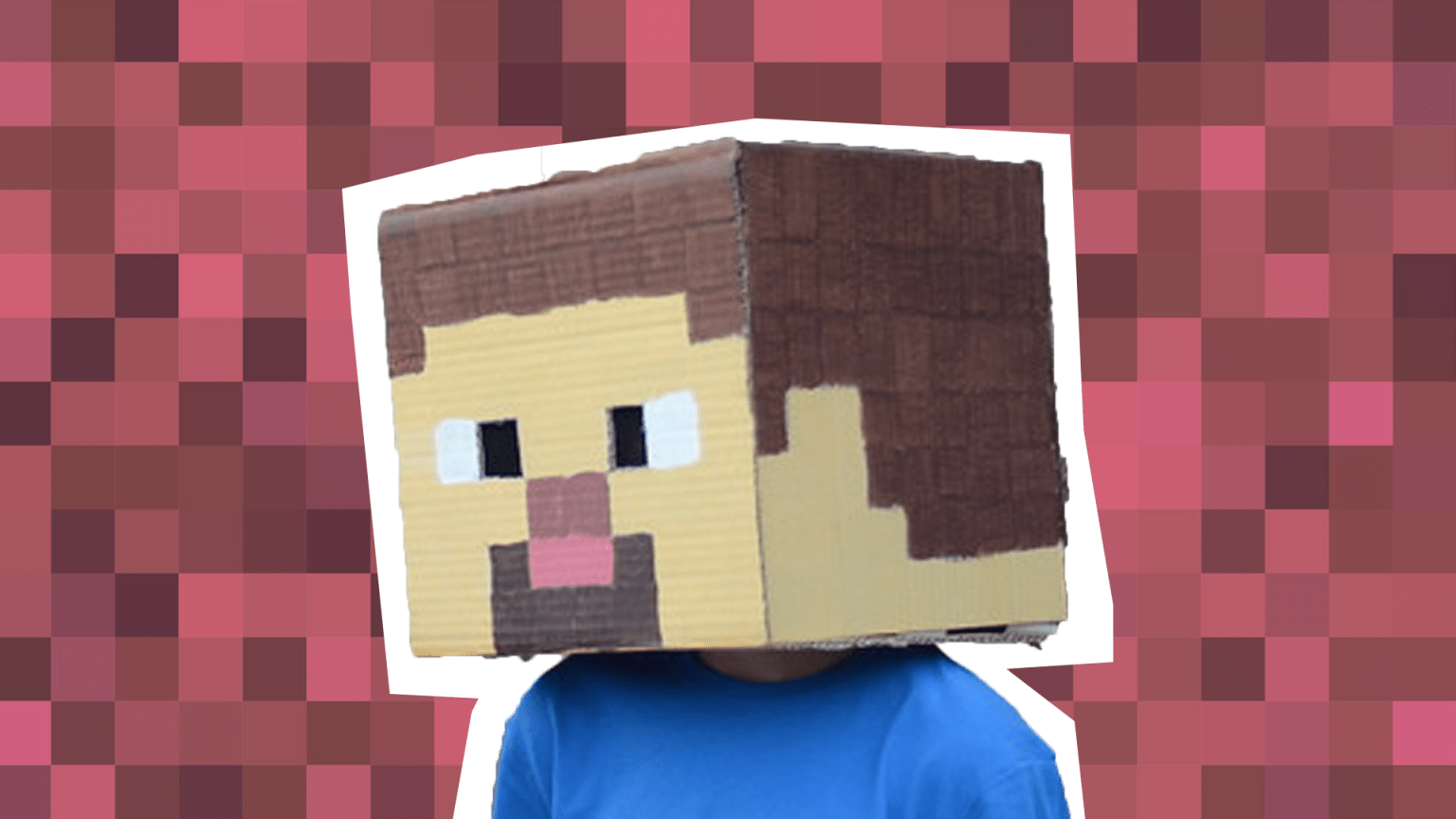 Man with cardboard box on head to look like Minecraft character