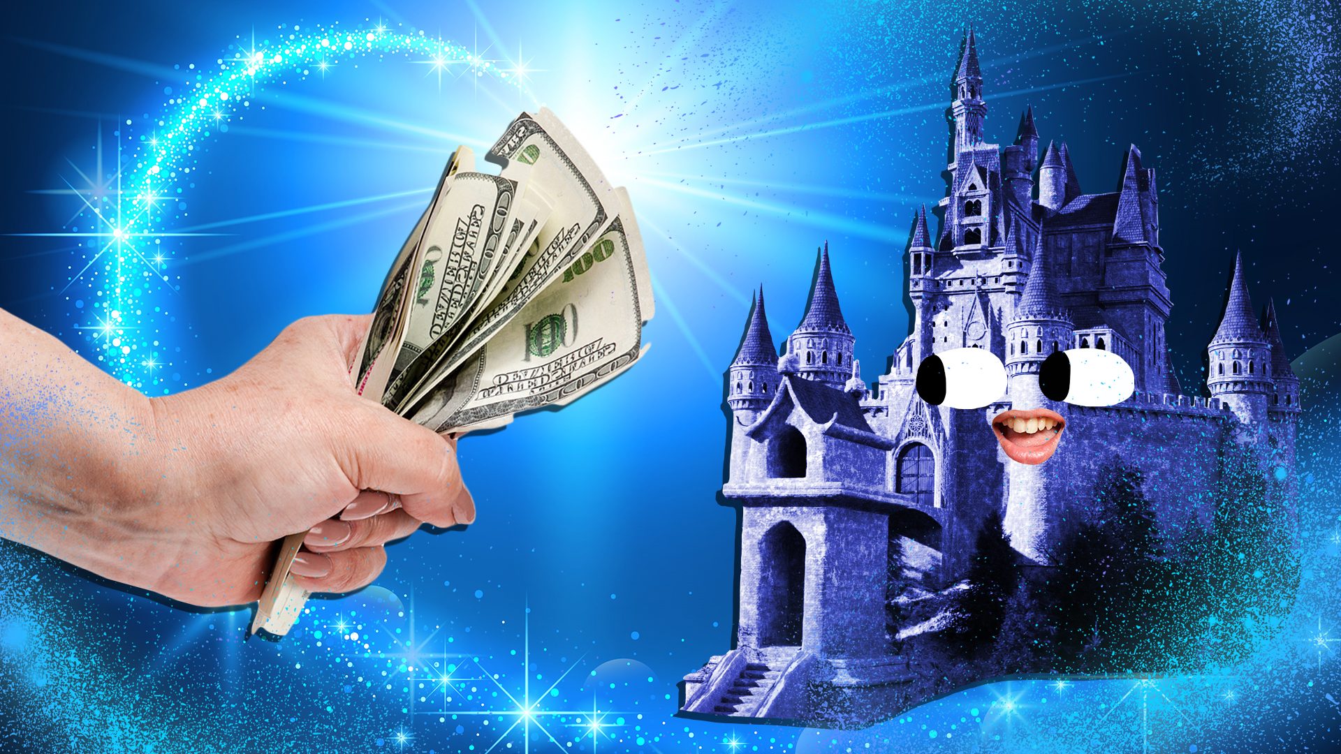A hand giving loads of money to Disney
