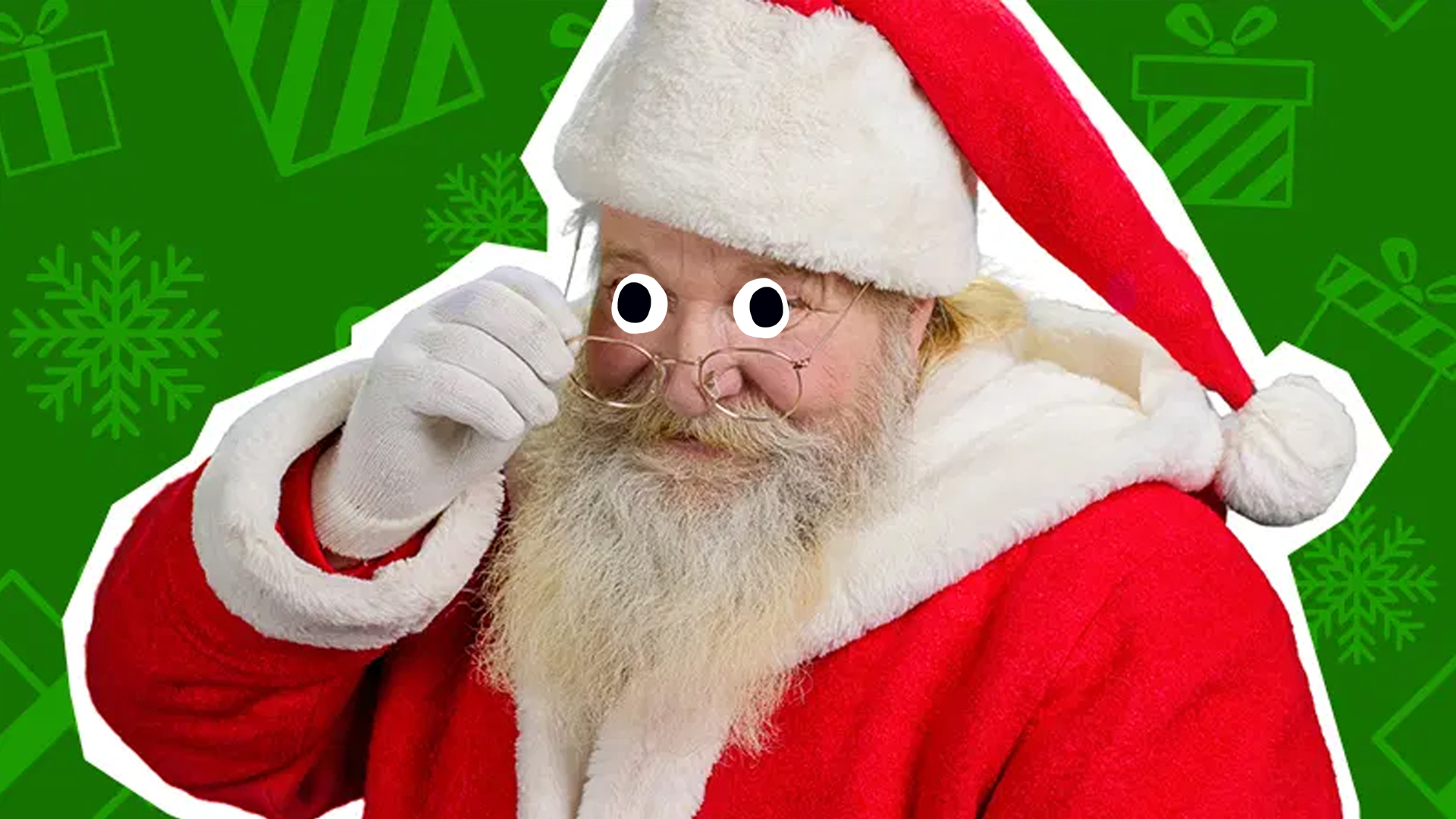 Santa looking cheeky in front of a green festive background