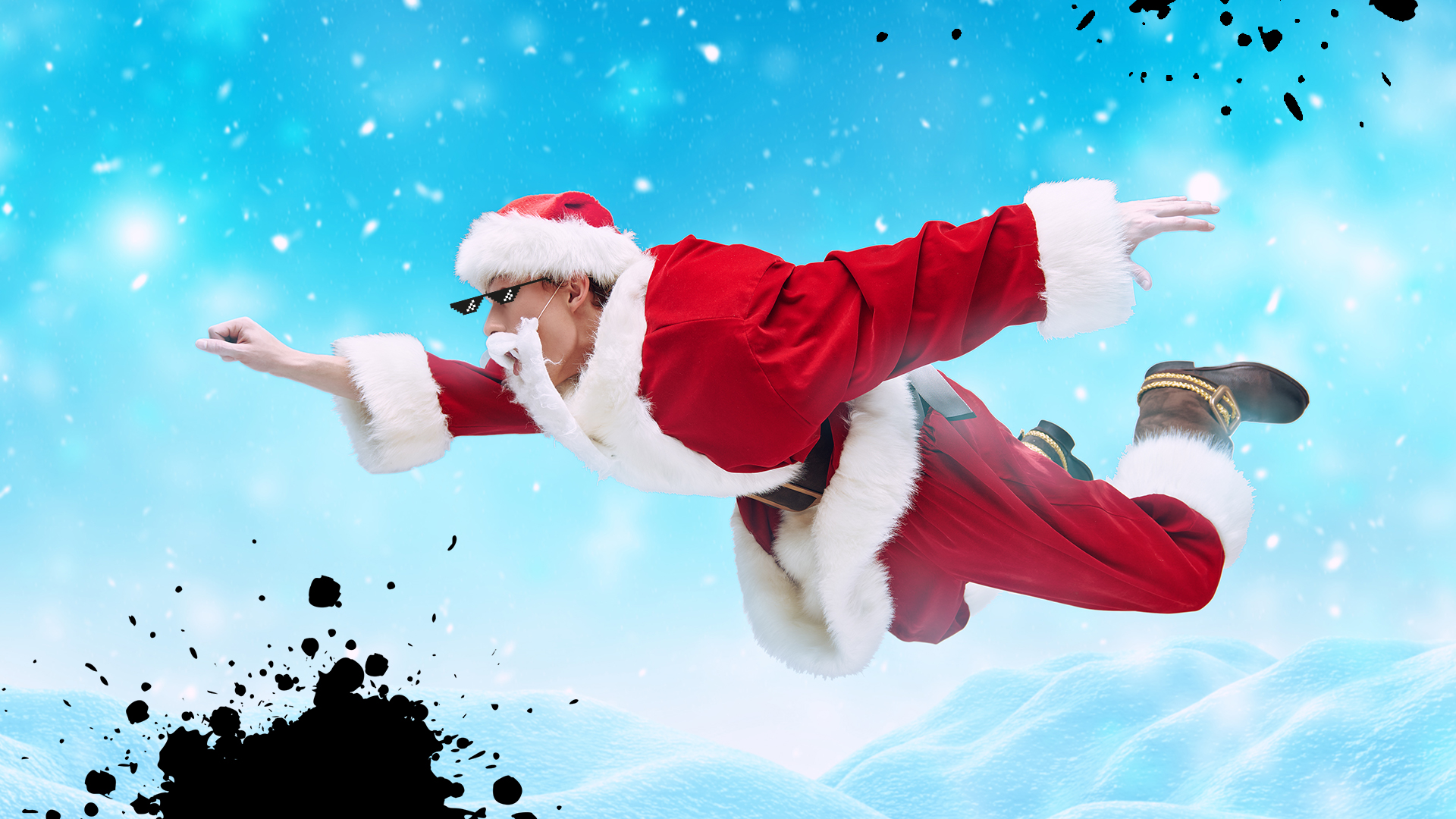 Super Santa flies through the sky