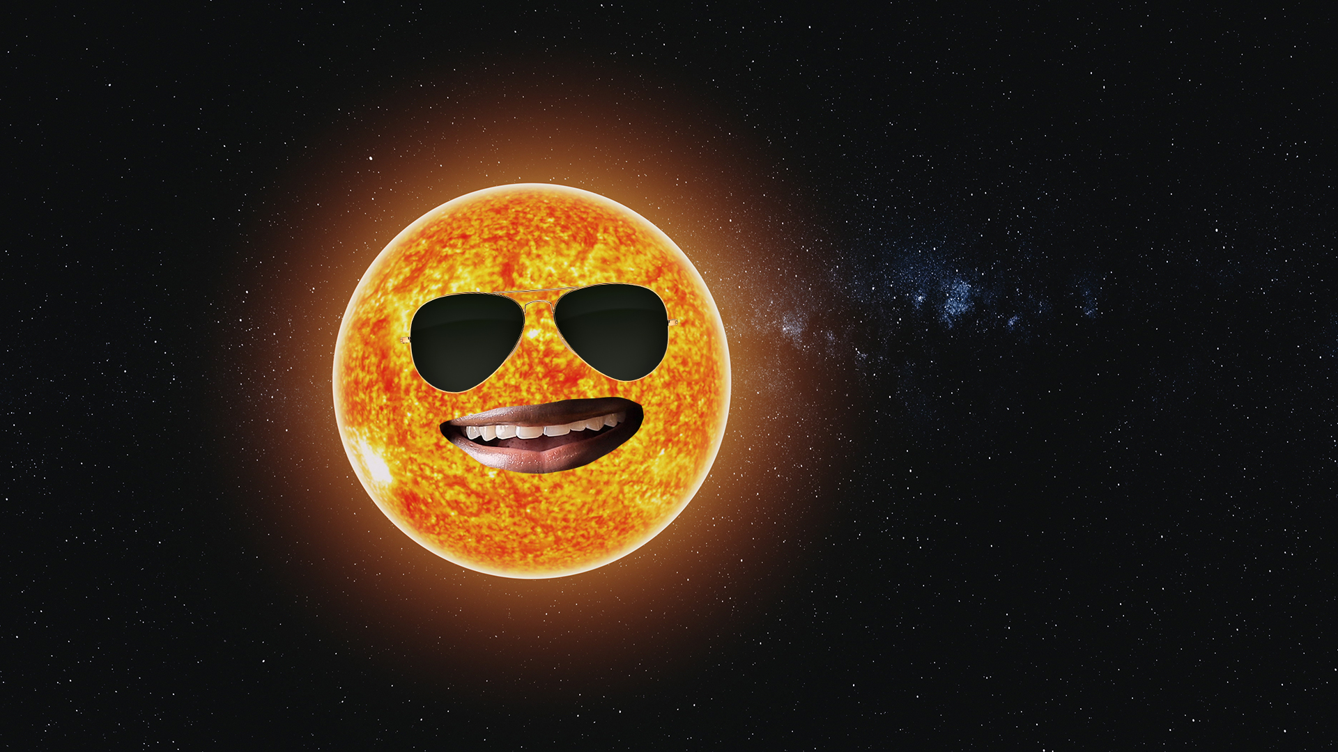 Smiling sun in front of a dark universe background