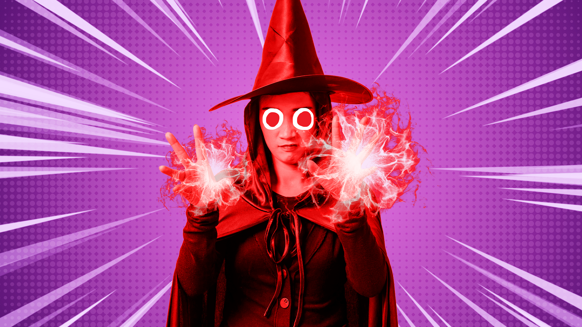 Witch with fireballs coming out of her hands