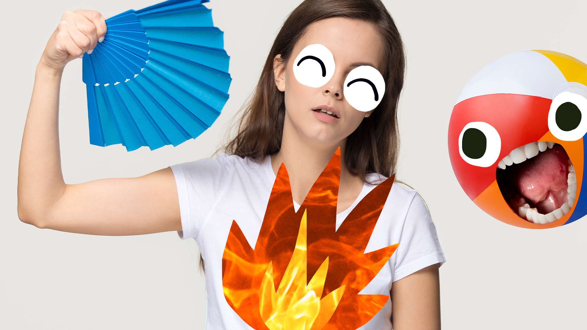 Woman fanning herself on white background with cartoon fire and screaming beachball