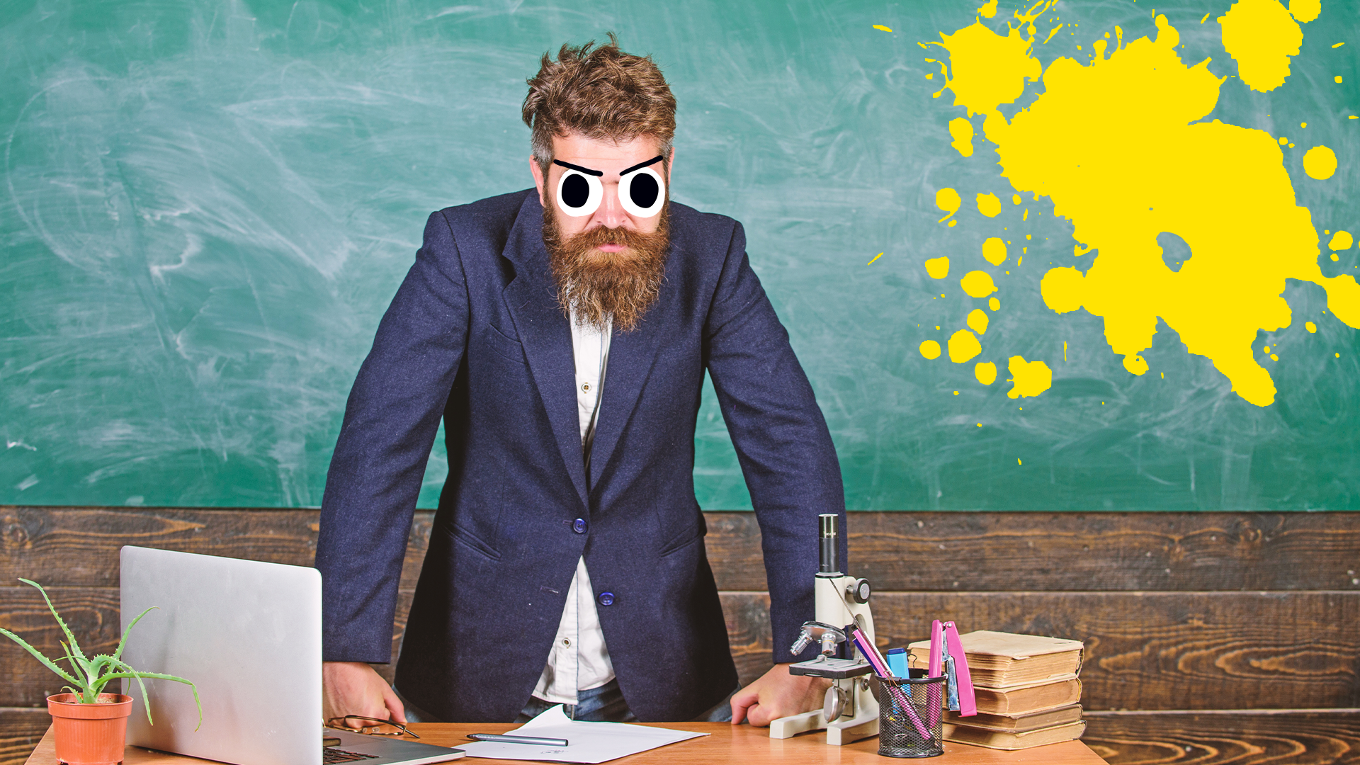 Angry looking teacher in front of blackboard with yellow splats